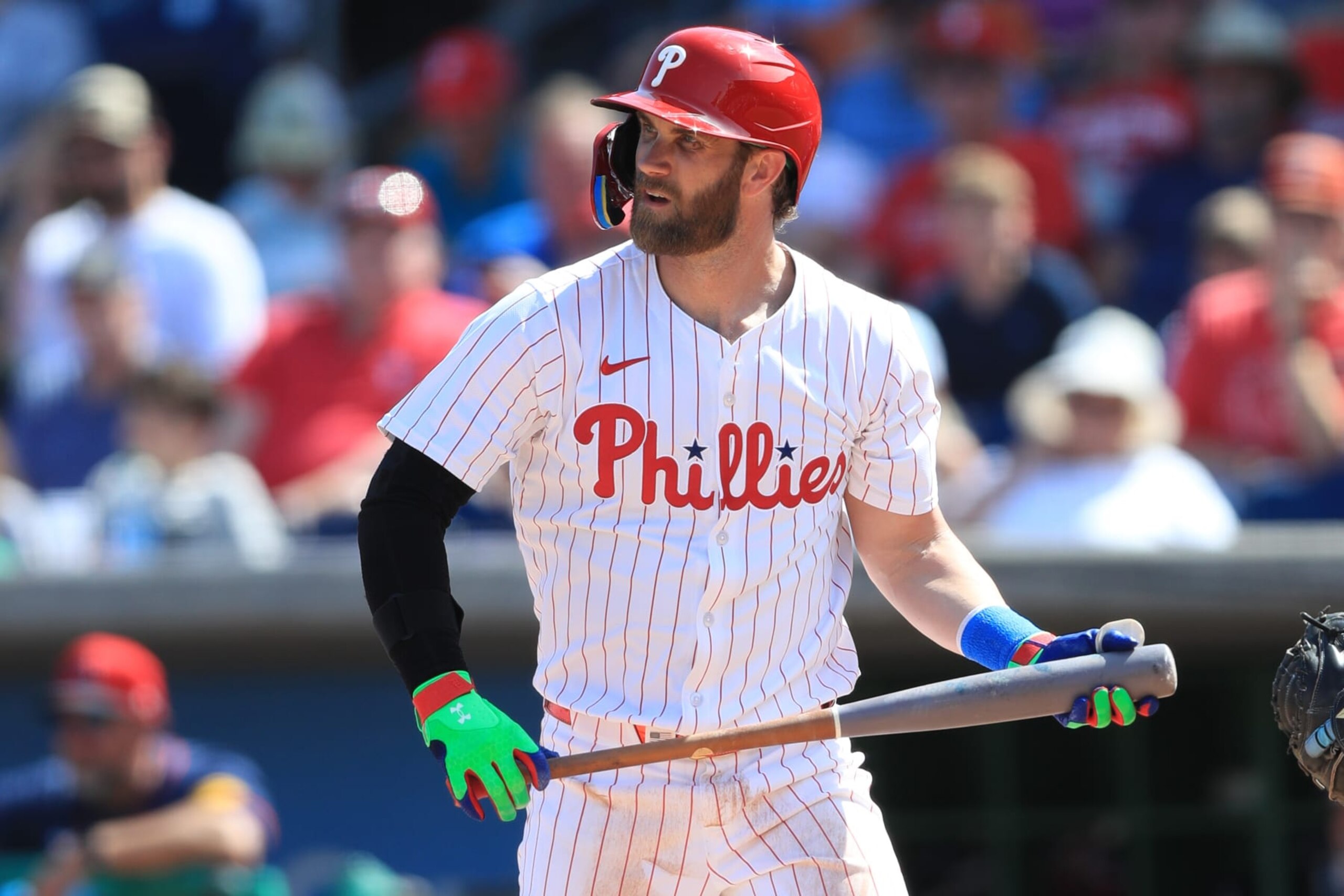 CLEARWATER, FL - FEBRUARY 28: Philadelphia Phillies first baseman Bryce Harper (3) during the spring training game between the Atlanta Braves and the Philadelphia Phillies on February 28, 2024 at BayCare Ballpark in Clearwater, Florida. (Photo by Cliff Welch/Icon Sportswire via Getty Images)
