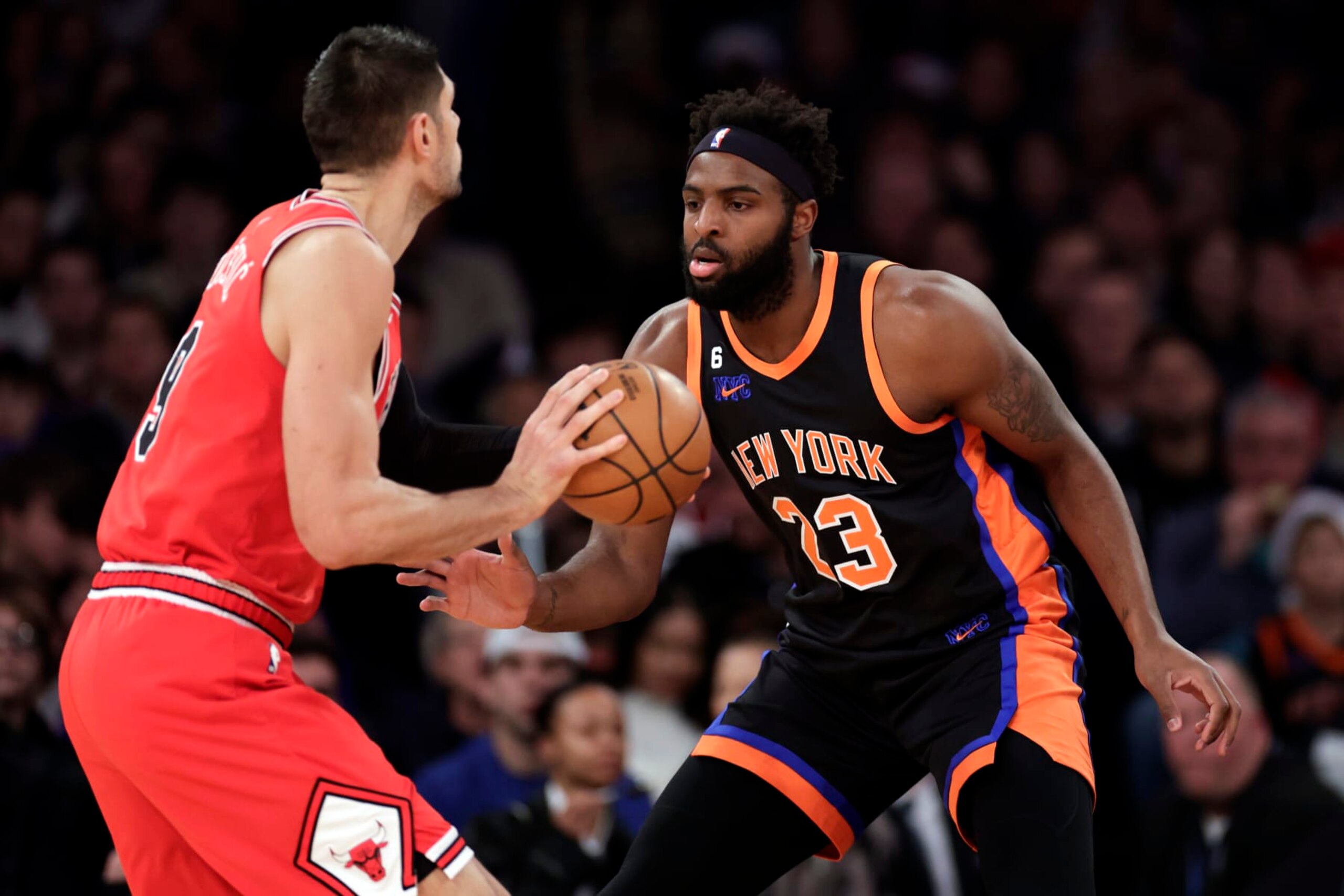 NEW YORK, NEW YORK - DECEMBER 23: Mitchell Robinson #23 of the New York Knicks in action against the Chicago Bulls during the first half at Madison Square Garden on December 23, 2022 in New York City. NOTE TO USER: User expressly acknowledges and agrees that, by downloading and or using this Photograph, user is consenting to the terms and conditions of the Getty Images License Agreement.  (Photo by Adam Hunger/Getty Images)