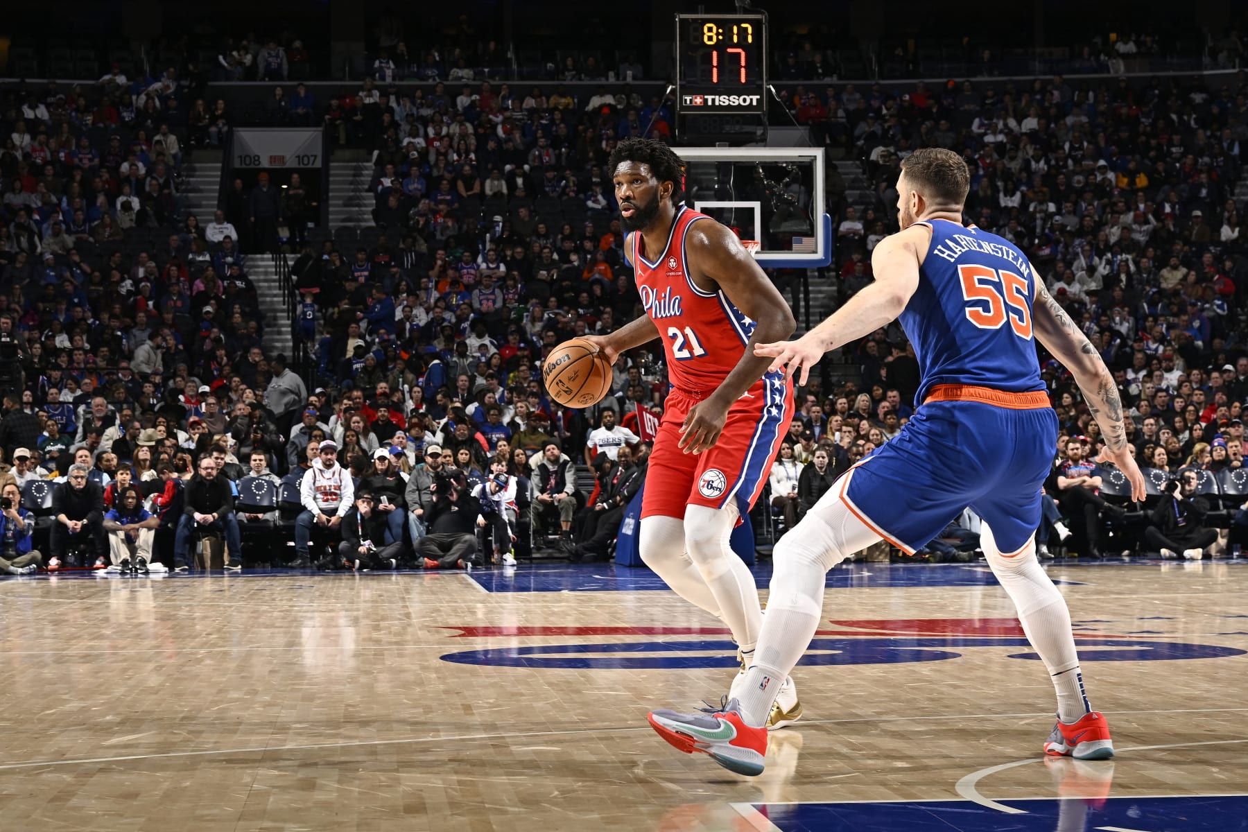 PHILADELPHIA, PA - JANUARY 5: Joel Embiid #21 of the Philadelphia 76ers dribbles the ball during the game against the New York Knicks on January 5, 2024 at the Wells Fargo Center in Philadelphia, Pennsylvania NOTE TO USER: User expressly acknowledges and agrees that, by downloading and/or using this Photograph, user is consenting to the terms and conditions of the Getty Images License Agreement. Mandatory Copyright Notice: Copyright 2024 NBAE (Photo by David Dow/NBAE via Getty Images)