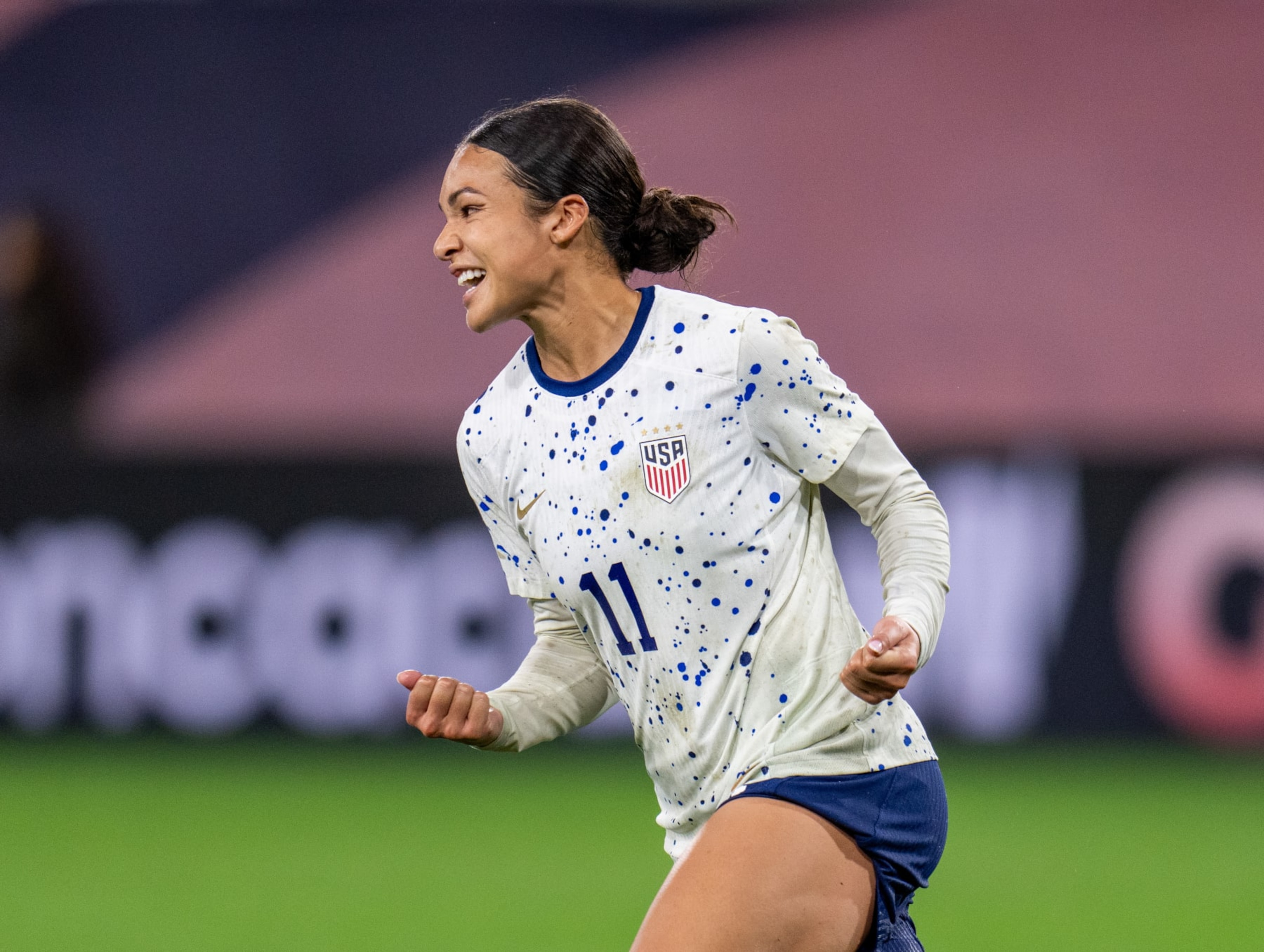 SAN DIEGO, CA - MARCH 6: Sophia Smith #11 of the United States celebrates converting her penalty kick during a 2024 Concacaf W Gold Cup semifinal match between the United States and Canada at Snapdragon Stadium on March 6, 2024 in San Diego, California. (Photo by Brad Smith/ISI Photos/USSF/Getty Images for USSF) SAN DIEGO, CA - MARCH 6: Sophia Smith #11 of the United States celebrates converting her penalty kick during a 2024 Concacaf W Gold Cup semifinal match between the United States and Canada at Snapdragon Stadium on March 6, 2024 in San Diego, California. (Photo by Brad Smith/ISI Photos/USSF/Getty Images for USSF)
