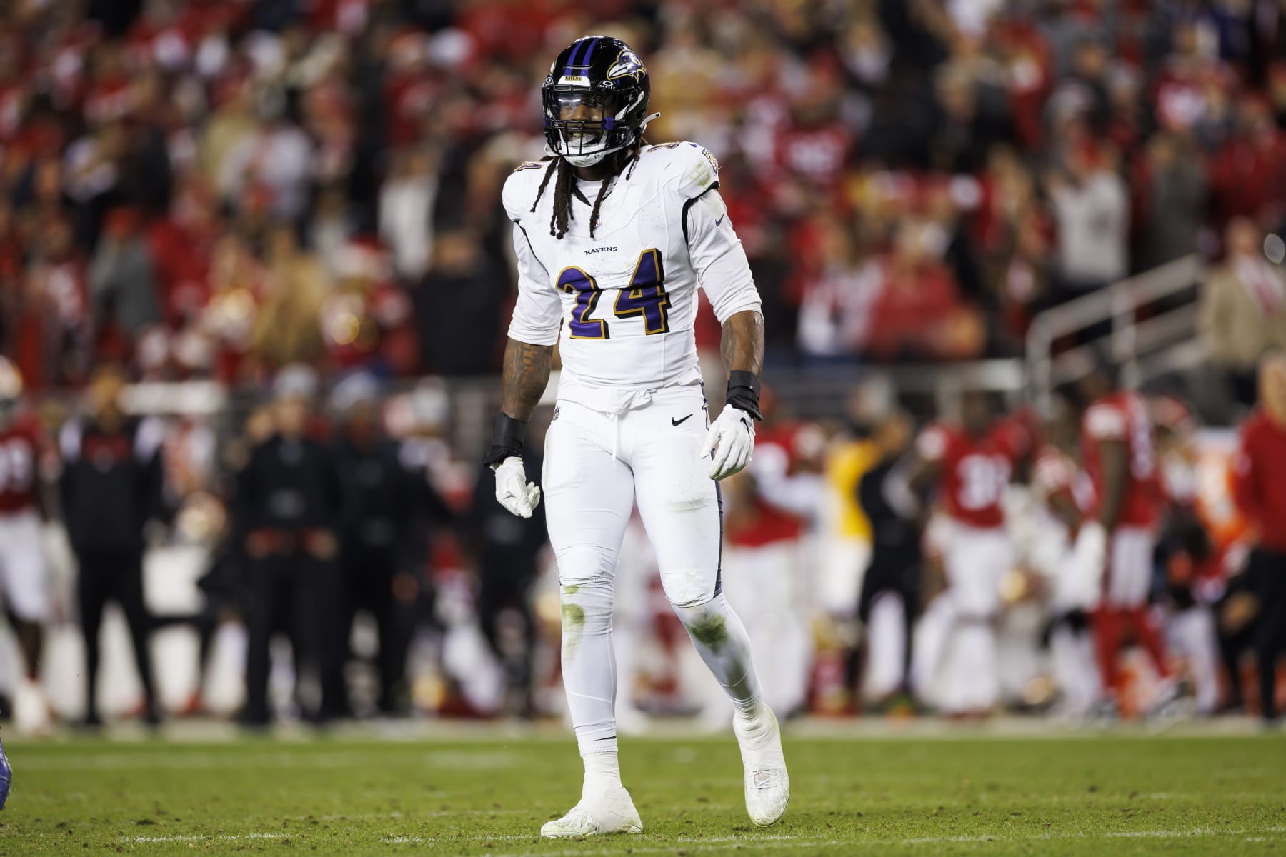 SANTA CLARA, CALIFORNIA - DECEMBER 25: Jadeveon Clowney #24 of the Baltimore Ravens lines up to run around the edge during an NFL football game against the San Francisco 49ers at Levi's Stadium on December 25, 2023 in Santa Clara, California. (Photo by Ryan Kang/Getty Images) SANTA CLARA, CALIFORNIA - DECEMBER 25: Jadeveon Clowney #24 of the Baltimore Ravens lines up to run around the edge during an NFL football game against the San Francisco 49ers at Levi's Stadium on December 25, 2023 in Santa Clara, California. (Photo by Ryan Kang/Getty Images)