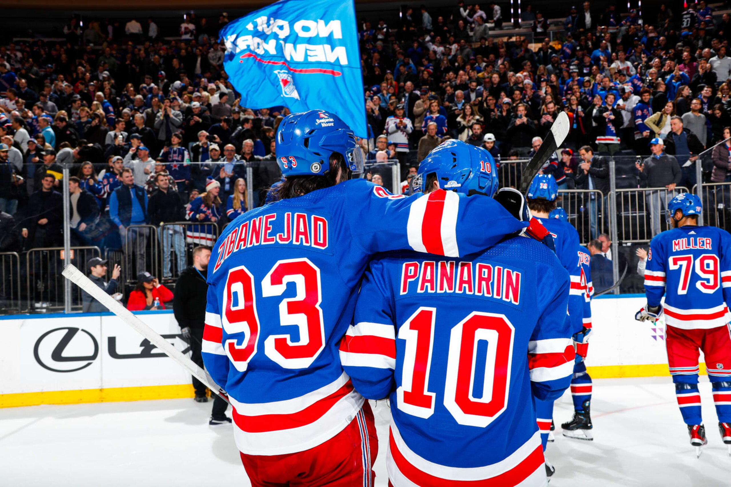 NEW YORK, NEW YORK - MARCH 26:  Mika Zibanejad #93 and Artemi Panarin #10 of the New York Rangers celebrate after a 6-5 win in overtime against the Philadelphia Flyers at Madison Square Garden on March 26, 2024 in New York City. (Photo by Jared Silber/NHLI via Getty Images)