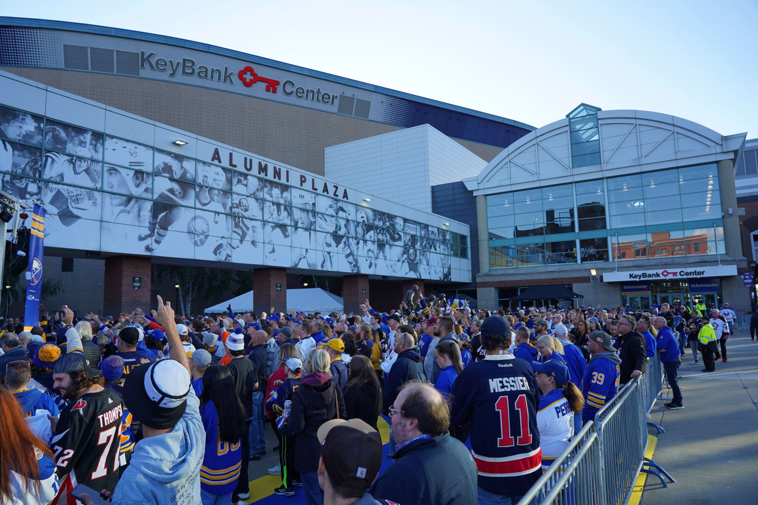 BUFFALO, NY - OCTOBER 12: A general view of fans celebrating before the home opener game between the Buffalo Sabres and the New York Rangers at KeyBank Center on October 12, 2023 in Buffalo, New York. (Photo by Kevin Hoffman/Getty Images)