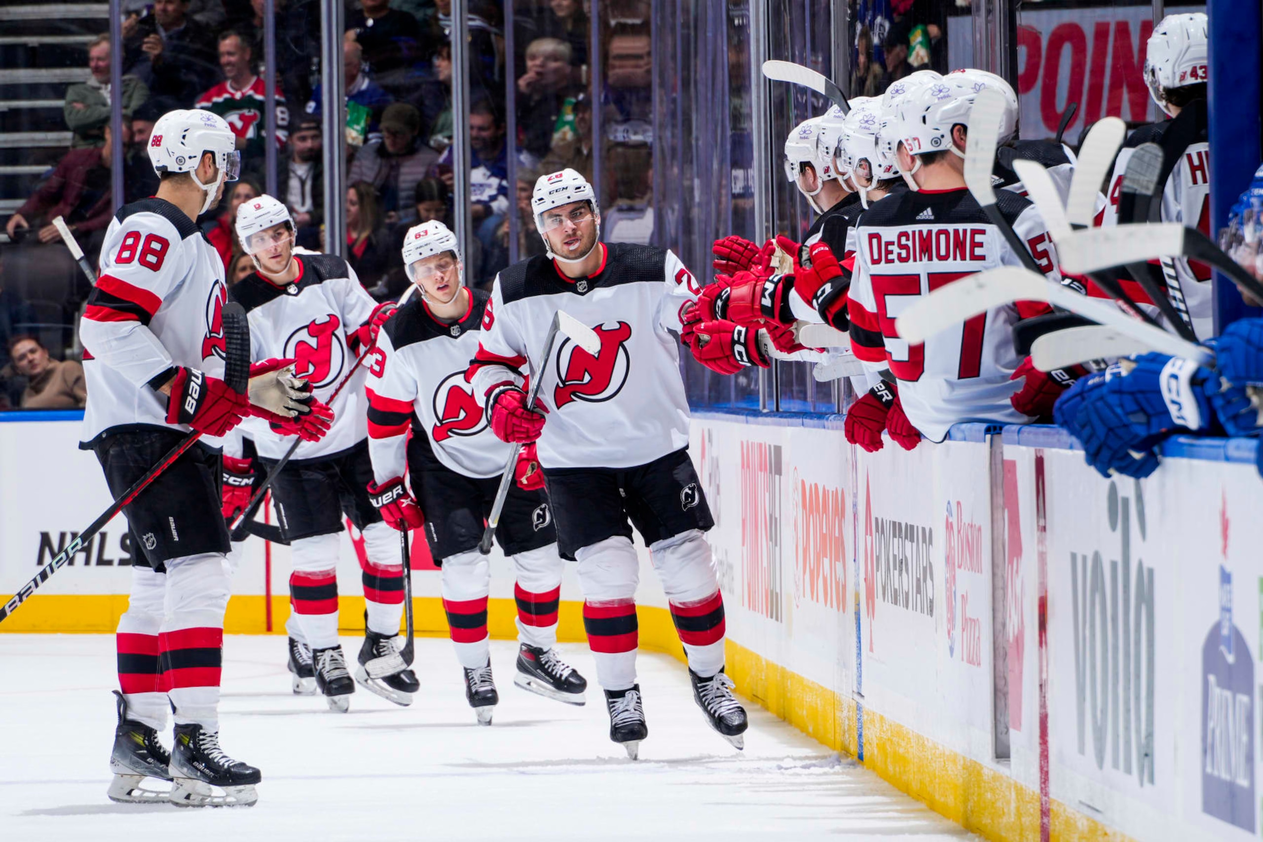 TORONTO, ON - MARCH 26: Timo Meier #28 of the New Jersey Devils celebrates his goal against the Toronto Maple Leafs during the second period at Scotiabank Arena on March 26, 2024 in Toronto, Ontario, Canada. (Photo by Kevin Sousa/NHLI via Getty Images)