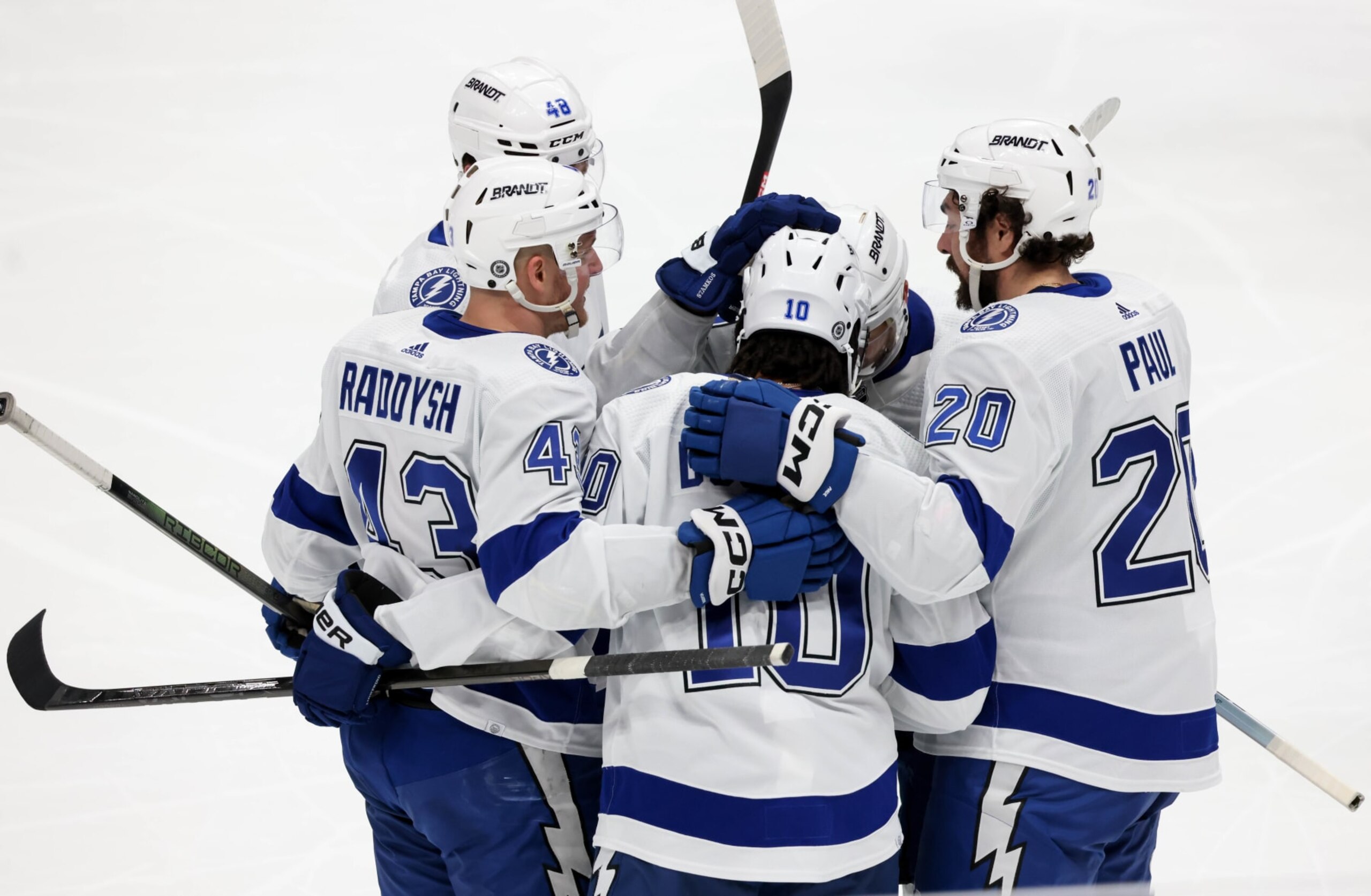 ANAHEIM, CA - MARCH 24:  Anthony Duclair #10 of the Tampa Bay Lightning celebrates his goal with teammates during the second period against the Anaheim Ducks at Honda Center on March 24, 2024 in Anaheim, California. (Photo by Debora Robinson/NHLI via Getty Images)