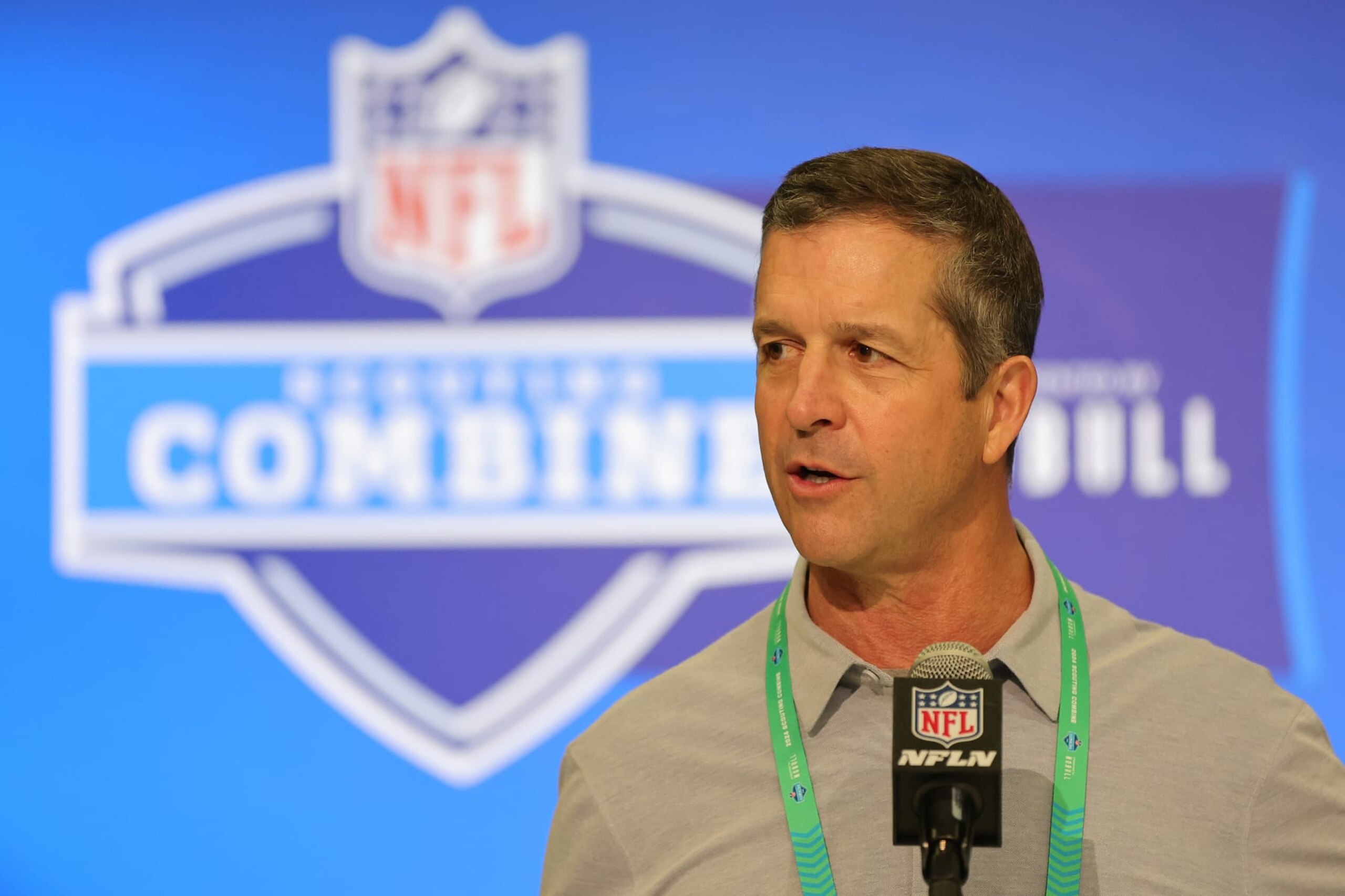 INDIANAPOLIS, INDIANA - FEBRUARY 27: Head coach John Harbaugh of the Baltimore Ravens speaks to the media during the NFL Combine at the Indiana Convention Center on February 27, 2024 in Indianapolis, Indiana. (Photo by Stacy Revere/Getty Images)