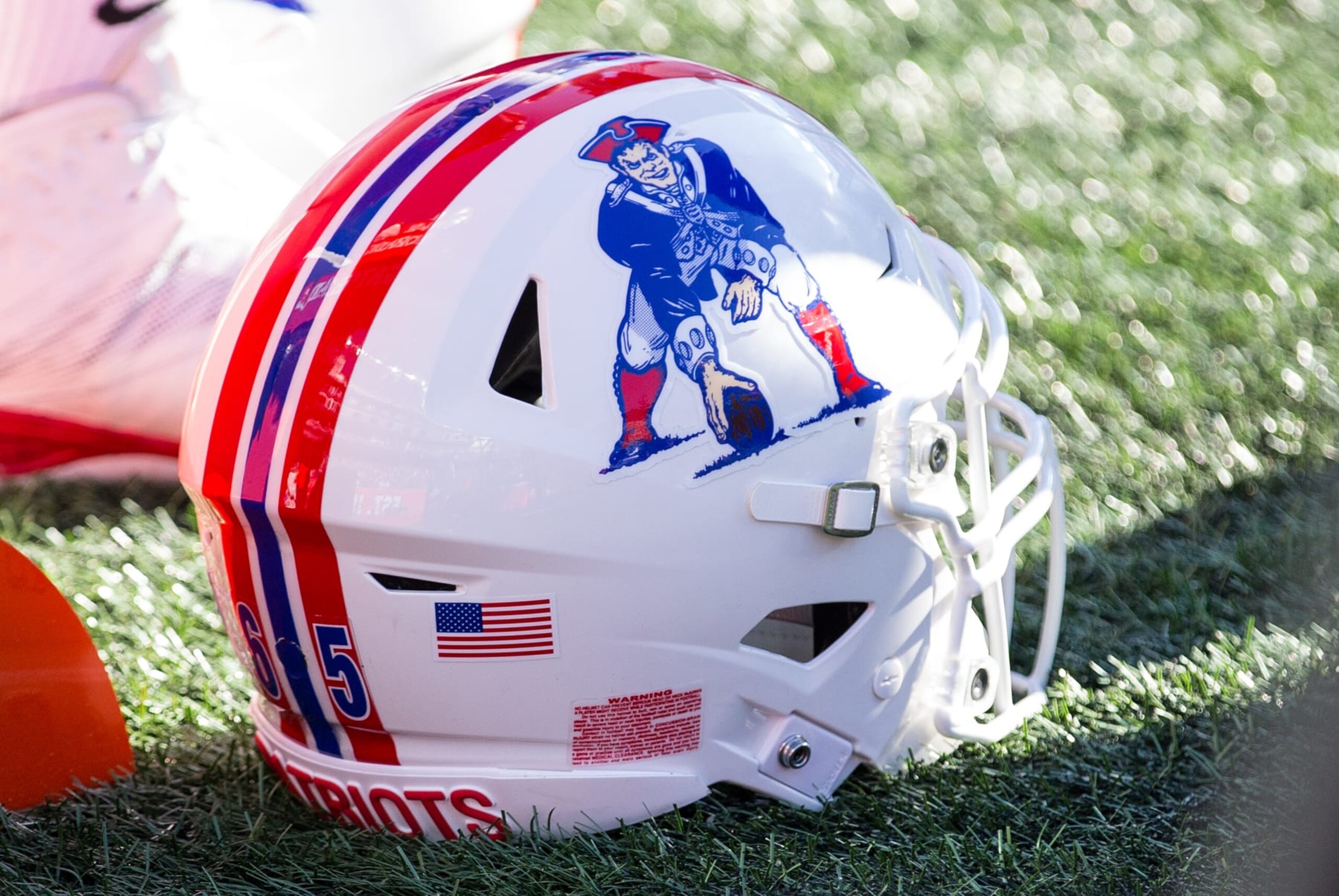 FOXBOROUGH, MA - OCTOBER 09: General view of the team helmet with Pat Patriots logo during a NFL game between Detroit Lions and New England Patriots on October 9, 2022, at Gillette Stadium in Foxborough, MA. (Photo by M. Anthony Nesmith/Icon Sportswire via Getty Images)