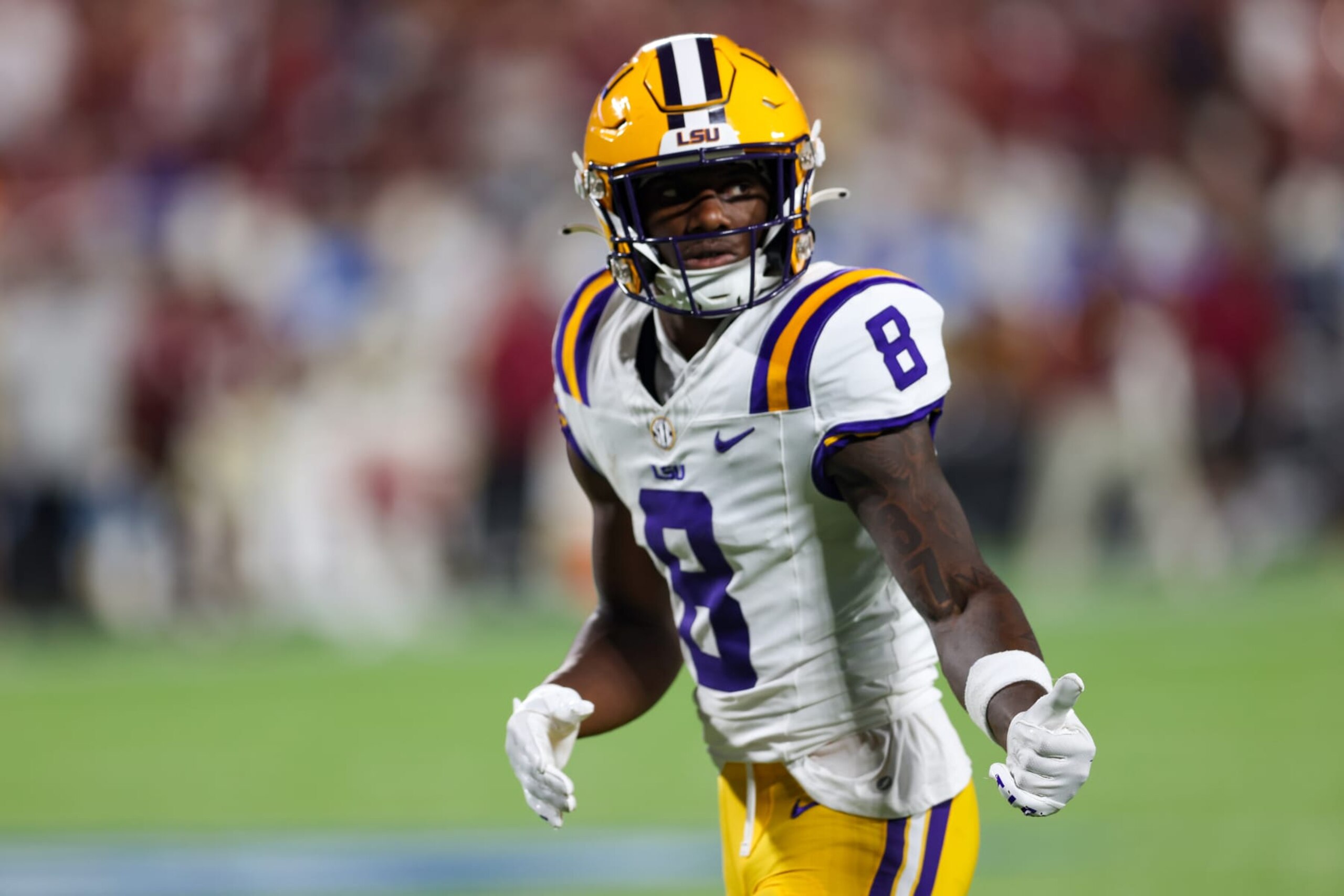 ORLANDO, FL - SEPTEMBER 03: LSU Tigers wide receiver Malik Nabers (8) during the Camping World kickoff football game between the Florida State Seminoles and the Louisiana State University Tigers on September 3, 2023 at Camping World Stadium in Orlando FL.(Photo by Joe Petro/Icon Sportswire via Getty Images)