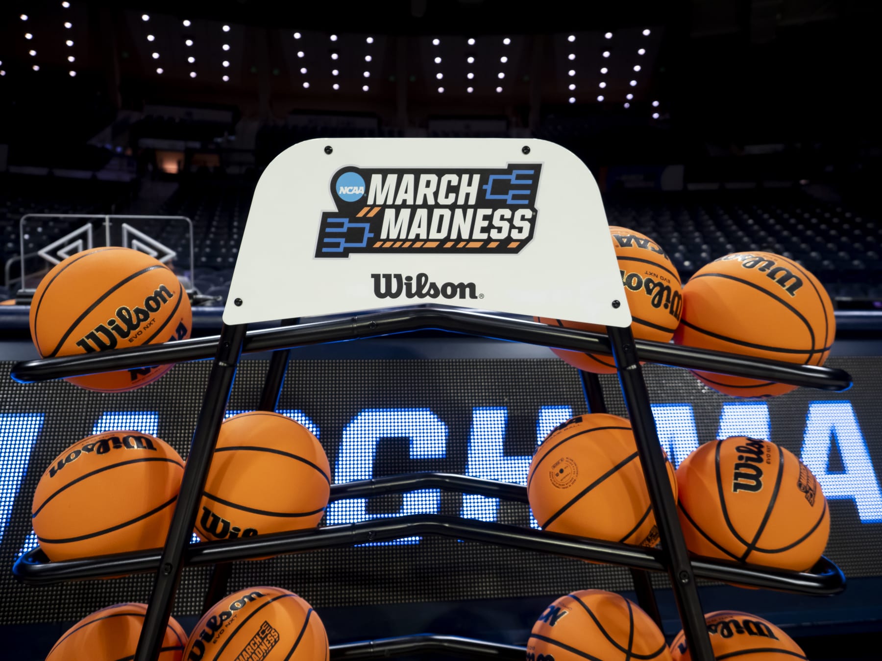 SOUTH BEND, IN - MARCH 25: The March Madness logo is pictured on the Wilson basketball rack before the game between the Ole Miss Rebels and the Notre Dame Fighting Irish in the second round of the NCAA Division I Women's Championship on March 25, 2024 at Purcell Pavilion in South Bend, Indiana. (Photo by Joseph Weiser/Icon Sportswire via Getty Images)