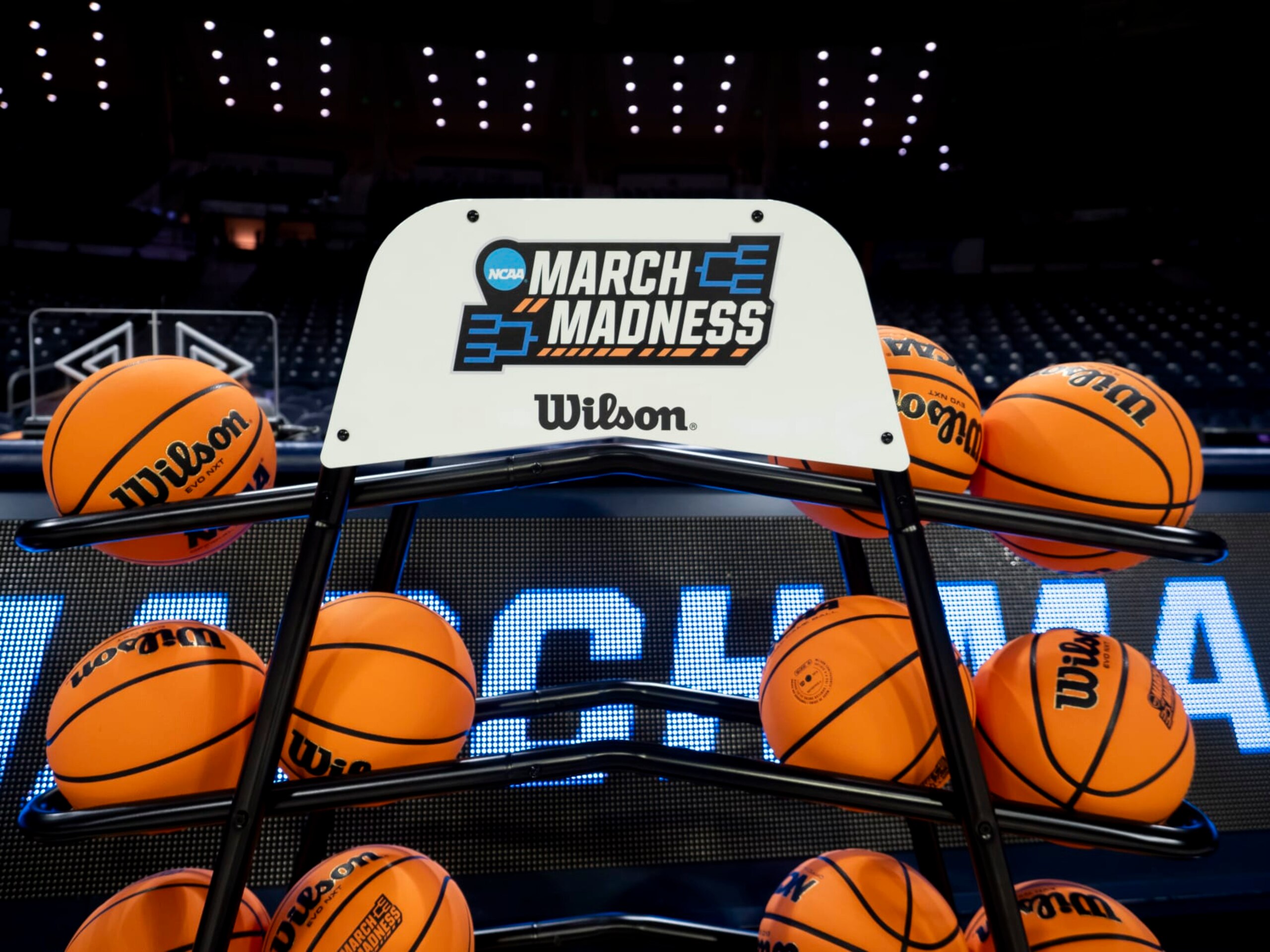 SOUTH BEND, IN - MARCH 25: The March Madness logo is pictured on the Wilson basketball rack before the game between the Ole Miss Rebels and the Notre Dame Fighting Irish in the second round of the NCAA Division I Women's Championship on March 25, 2024 at Purcell Pavilion in South Bend, Indiana. (Photo by Joseph Weiser/Icon Sportswire via Getty Images)
