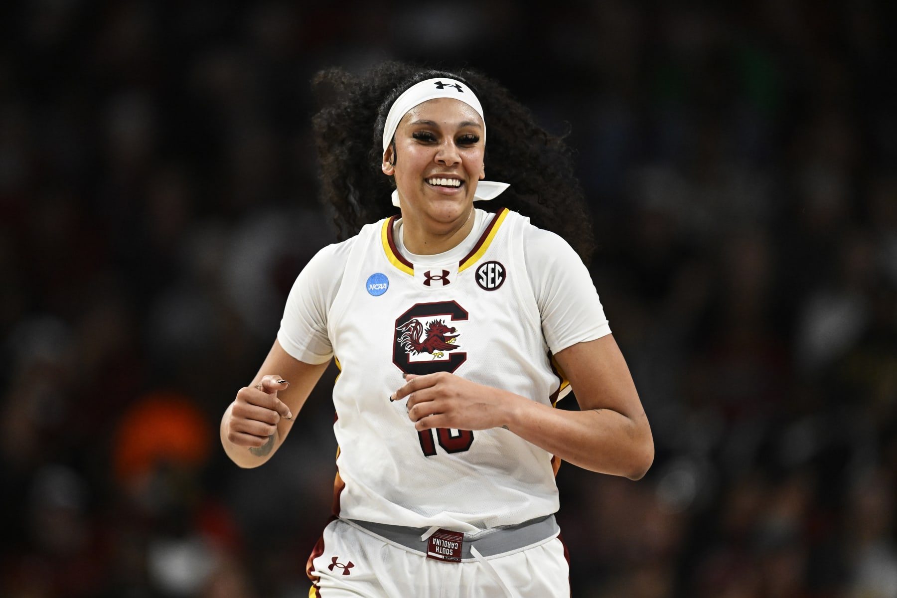 COLUMBIA, SOUTH CAROLINA - MARCH 24: Kamilla Cardoso #10 of the South Carolina Gamecocks runs down the court against the North Carolina Tar Heels in the second quarter during the second round of the NCAA Women’s Basketball Tournament at Colonial Life Arena on March 24, 2024 in Columbia, South Carolina. (Photo by Eakin Howard/Getty Images)