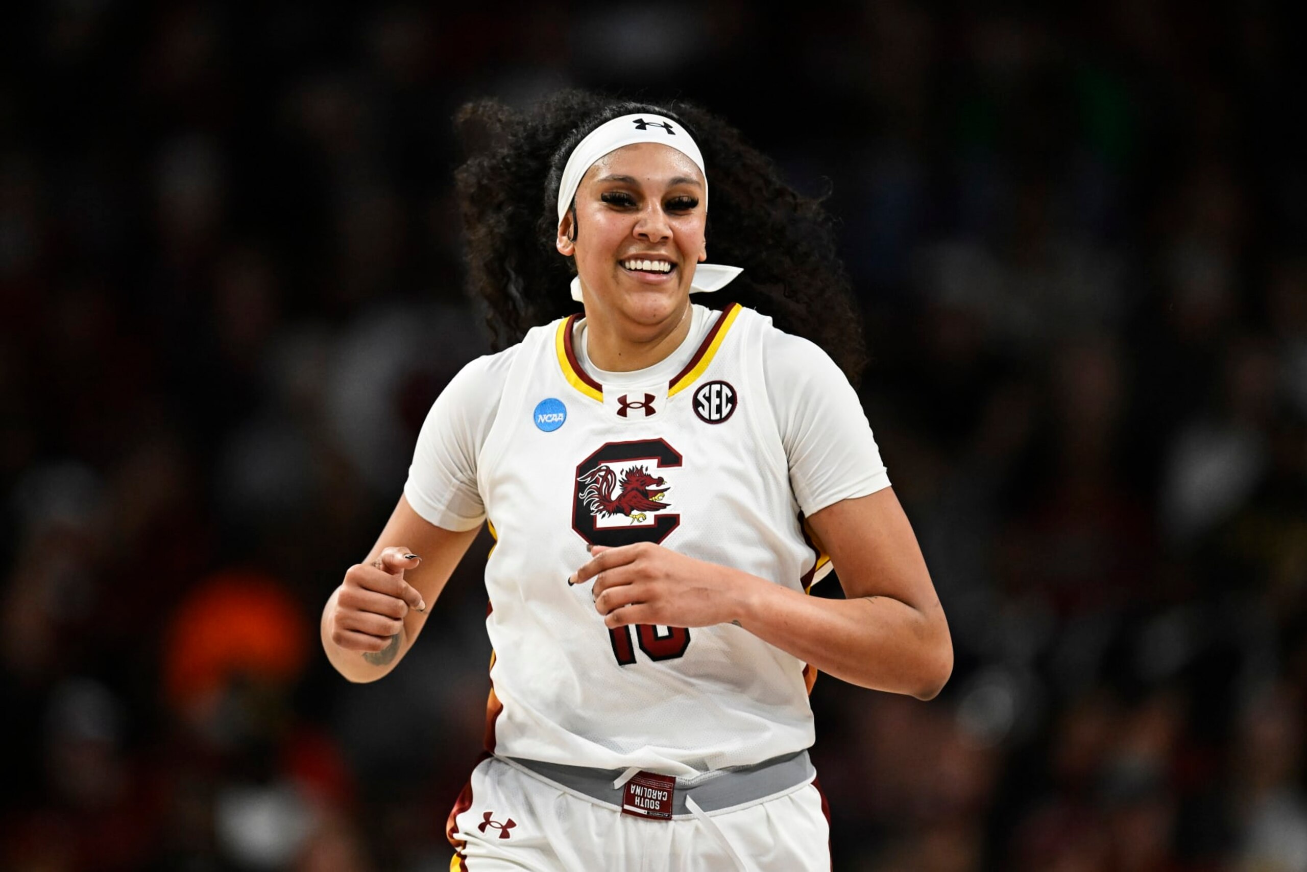 COLUMBIA, SOUTH CAROLINA - MARCH 24: Kamilla Cardoso #10 of the South Carolina Gamecocks runs down the court against the North Carolina Tar Heels in the second quarter during the second round of the NCAA Women’s Basketball Tournament at Colonial Life Arena on March 24, 2024 in Columbia, South Carolina. (Photo by Eakin Howard/Getty Images)