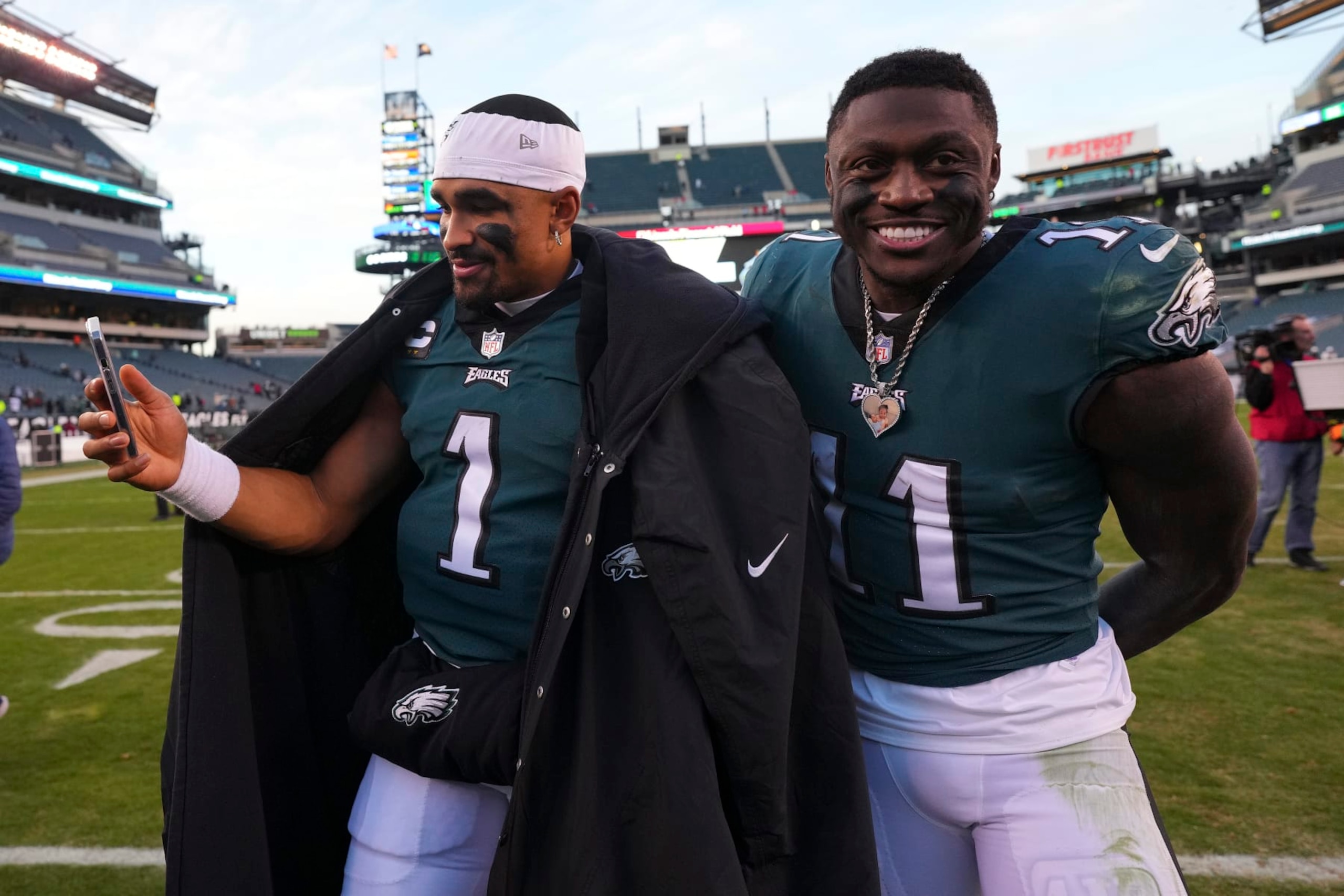 PHILADELPHIA, PA - DECEMBER 04: Jalen Hurts #1 and A.J. Brown #11 of the Philadelphia Eagles react after the game against the Tennessee Titans at Lincoln Financial Field on December 4, 2022 in Philadelphia, Pennsylvania. (Photo by Mitchell Leff/Getty Images) PHILADELPHIA, PA - DECEMBER 04: Jalen Hurts #1 and A.J. Brown #11 of the Philadelphia Eagles react after the game against the Tennessee Titans at Lincoln Financial Field on December 4, 2022 in Philadelphia, Pennsylvania. (Photo by Mitchell Leff/Getty Images)