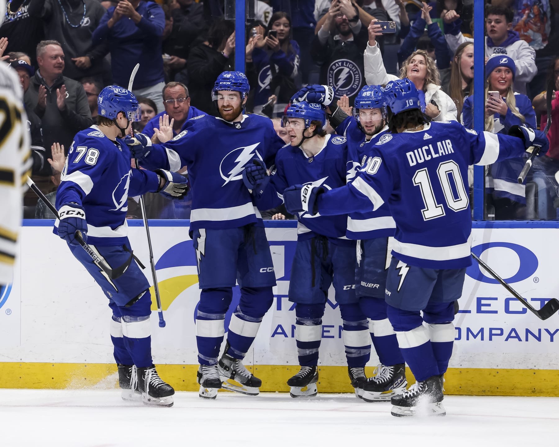 TAMPA, FL - MARCH 27: Brayden Point #21 of the Tampa Bay Lightning celebrates a goal with teammates Nick Perbix #48, Emil Martinsen Lilleberg #78, Anthony Duclair #10, and Nikita Kucherov #86 against the Boston Bruins during the second period at Amalie Arena on March 27, 2024 in Tampa, Florida. (Photo by Mark LoMoglio/NHLI via Getty Images)