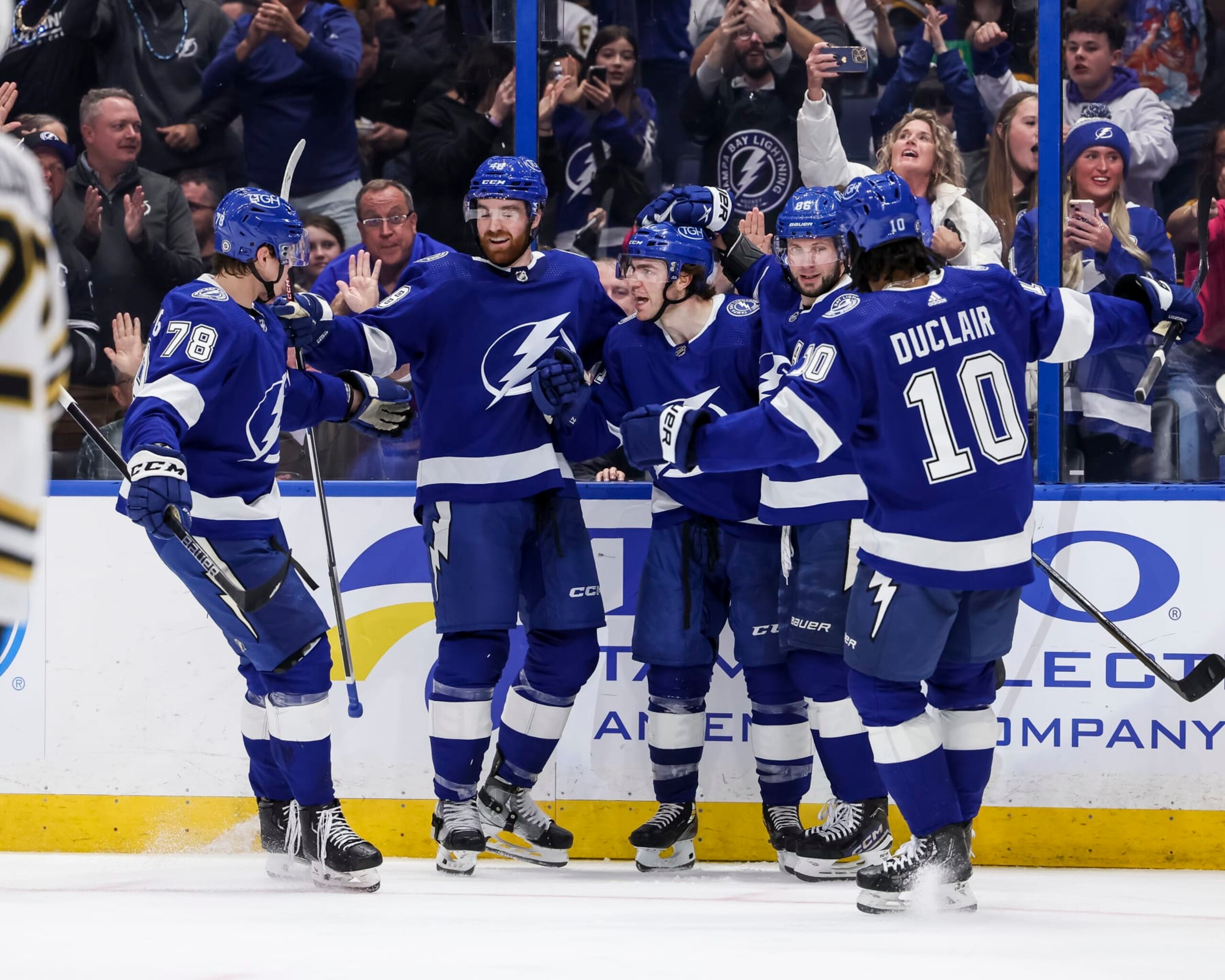 TAMPA, FL - MARCH 27: Brayden Point #21 of the Tampa Bay Lightning celebrates a goal with teammates Nick Perbix #48, Emil Martinsen Lilleberg #78, Anthony Duclair #10, and Nikita Kucherov #86 against the Boston Bruins during the second period at Amalie Arena on March 27, 2024 in Tampa, Florida. (Photo by Mark LoMoglio/NHLI via Getty Images) TAMPA, FL - MARCH 27: Brayden Point #21 of the Tampa Bay Lightning celebrates a goal with teammates Nick Perbix #48, Emil Martinsen Lilleberg #78, Anthony Duclair #10, and Nikita Kucherov #86 against the Boston Bruins during the second period at Amalie Arena on March 27, 2024 in Tampa, Florida. (Photo by Mark LoMoglio/NHLI via Getty Images)