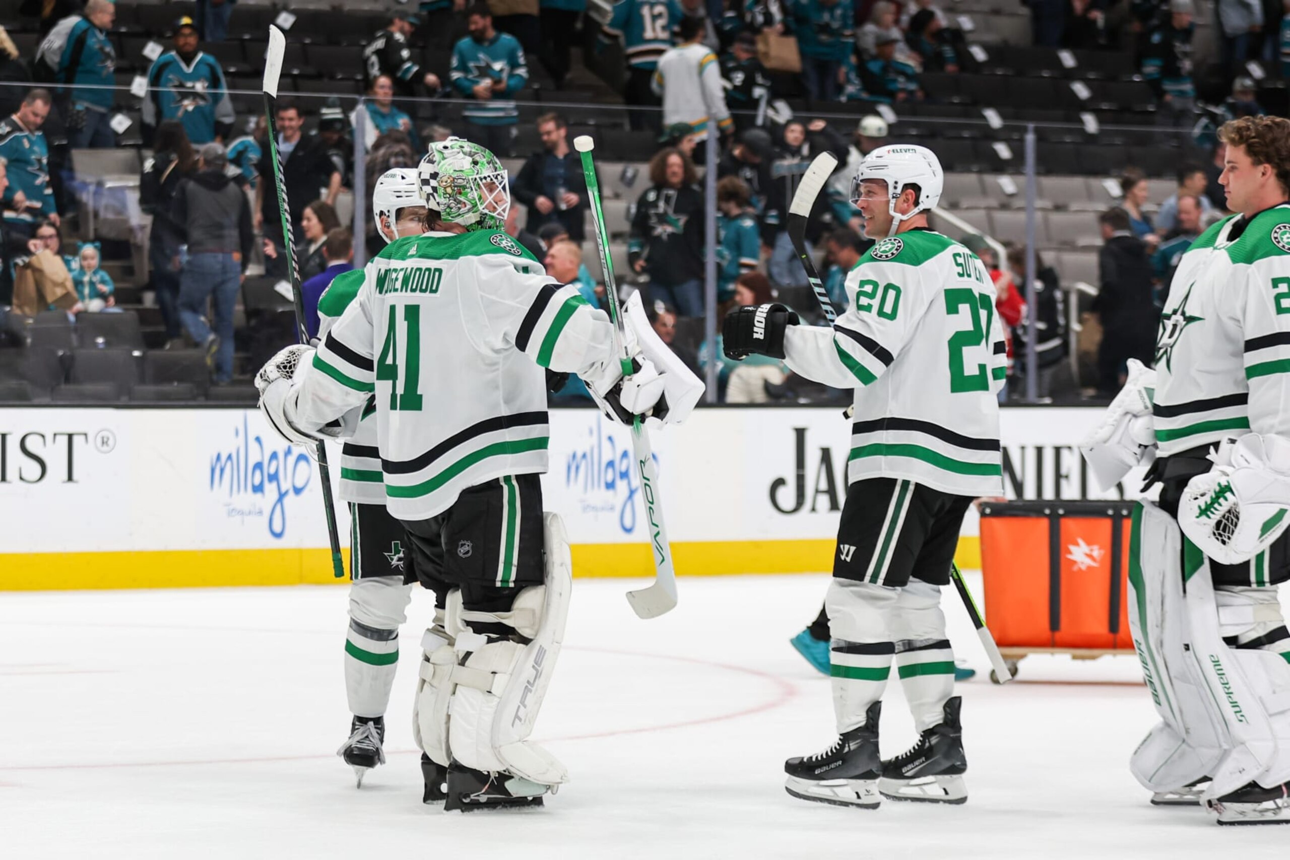 SAN JOSE, CAMARCH 26: Scott Wedgewood #41 of the Dallas Stars celebrates a win with Ryan Suter #20 at SAP Center on March 26, 2024 (Photo by Panayiota Good/San Jose Sharks) SAN JOSE, CAMARCH 26: Scott Wedgewood #41 of the Dallas Stars celebrates a win with Ryan Suter #20 at SAP Center on March 26, 2024 (Photo by Panayiota Good/San Jose Sharks)