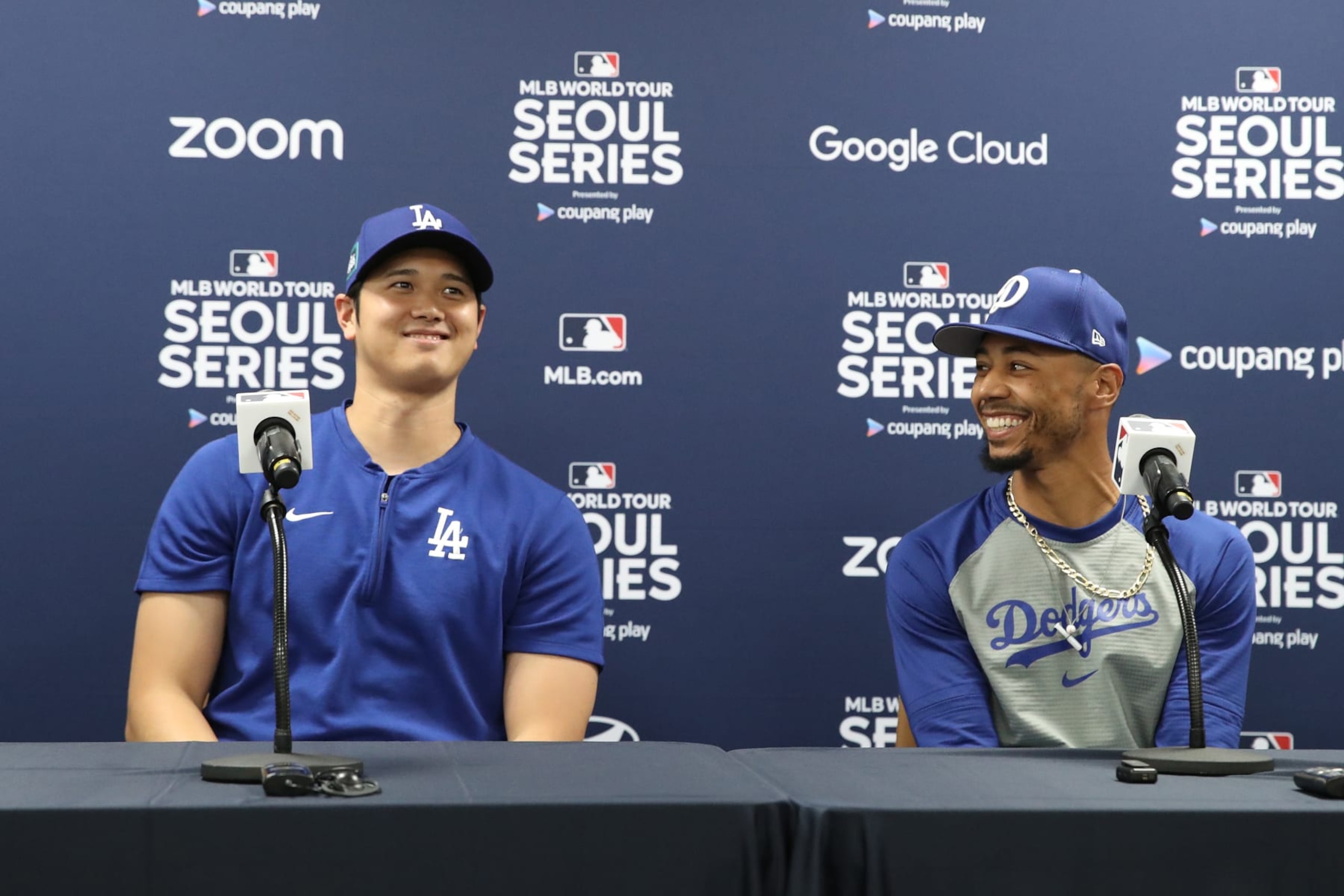 SEOUL, SOUTH KOREA - MARCH 16: Shohei Ohtani #17 and Mookie Betts #50 of Los Angeles Dodgers attend the press conference at Gocheok Sky Dome on March 16, 2024 in Seoul, South Korea. (Photo by Chung Sung-Jun/Getty Images) (Photo by Chung Sung-Jun/Getty Images) SEOUL, SOUTH KOREA - MARCH 16: Shohei Ohtani #17 and Mookie Betts #50 of Los Angeles Dodgers attend the press conference at Gocheok Sky Dome on March 16, 2024 in Seoul, South Korea. (Photo by Chung Sung-Jun/Getty Images) (Photo by Chung Sung-Jun/Getty Images)