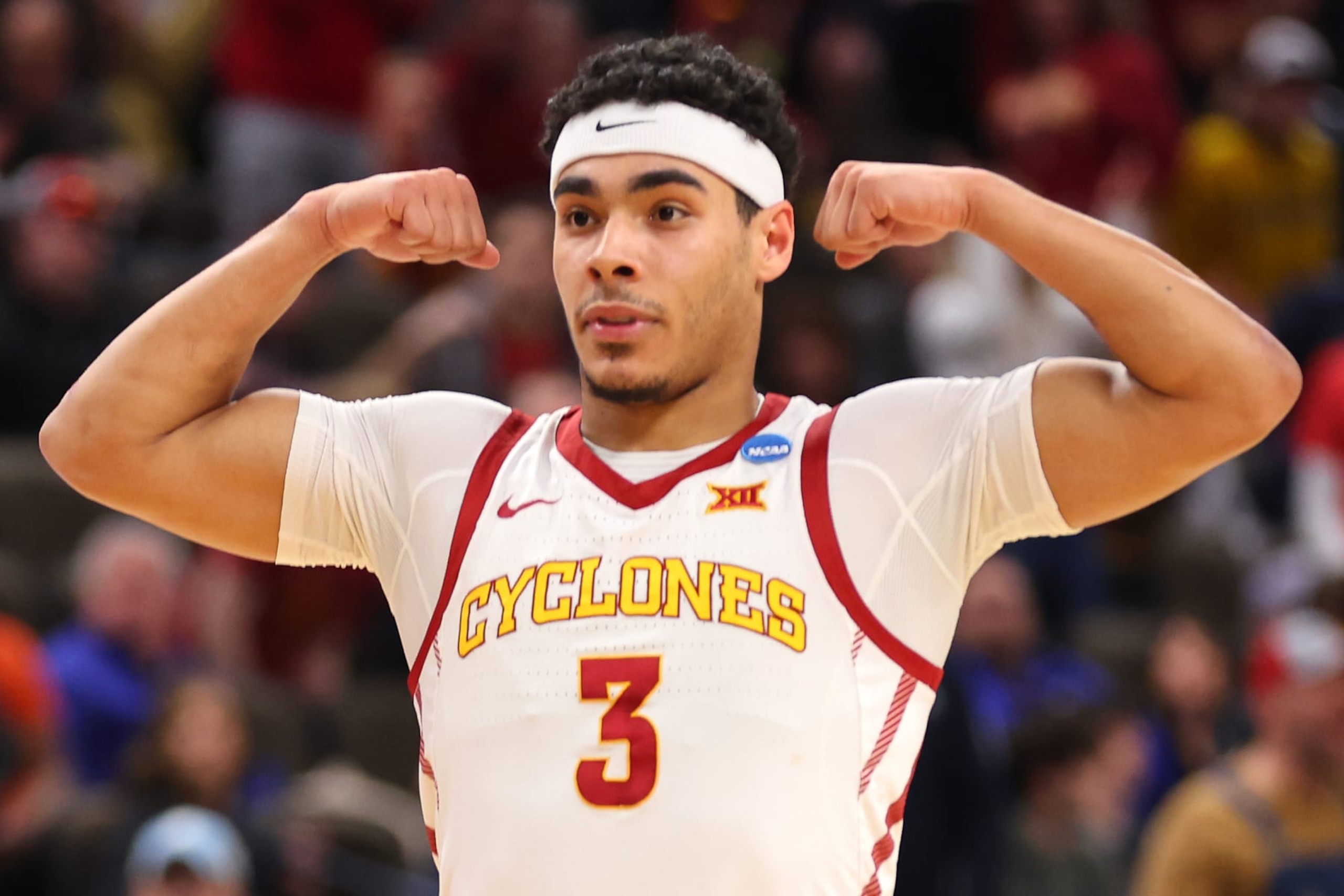 OMAHA, NEBRASKA - MARCH 23: Tamin Lipsey #3 of the Iowa State Cyclones reacts during the first half against the Washington State Cougars in the second round of the NCAA Men's Basketball Tournament at CHI Health Center on March 23, 2024 in Omaha, Nebraska. (Photo by Michael Reaves/Getty Images)