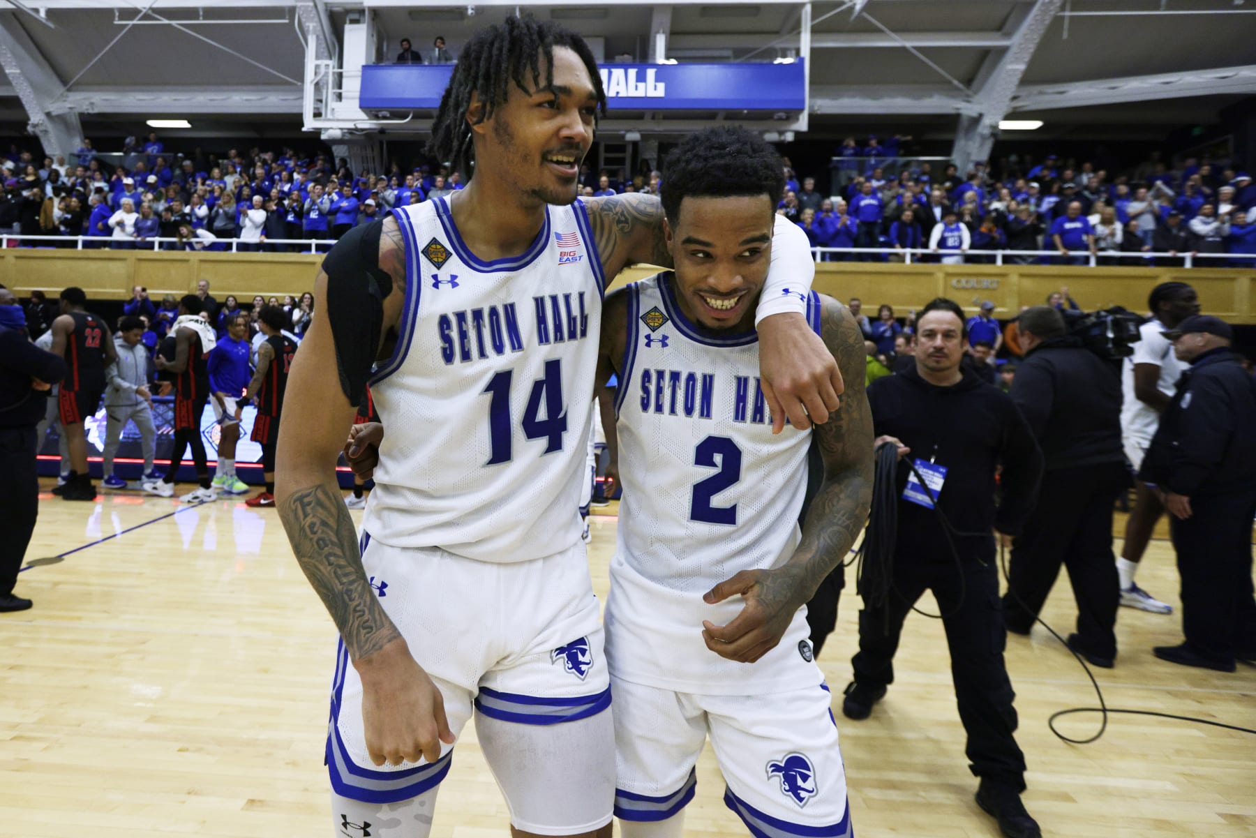 Dre Davis and Al-Amir Dawes  of the Seton Hall Pirates