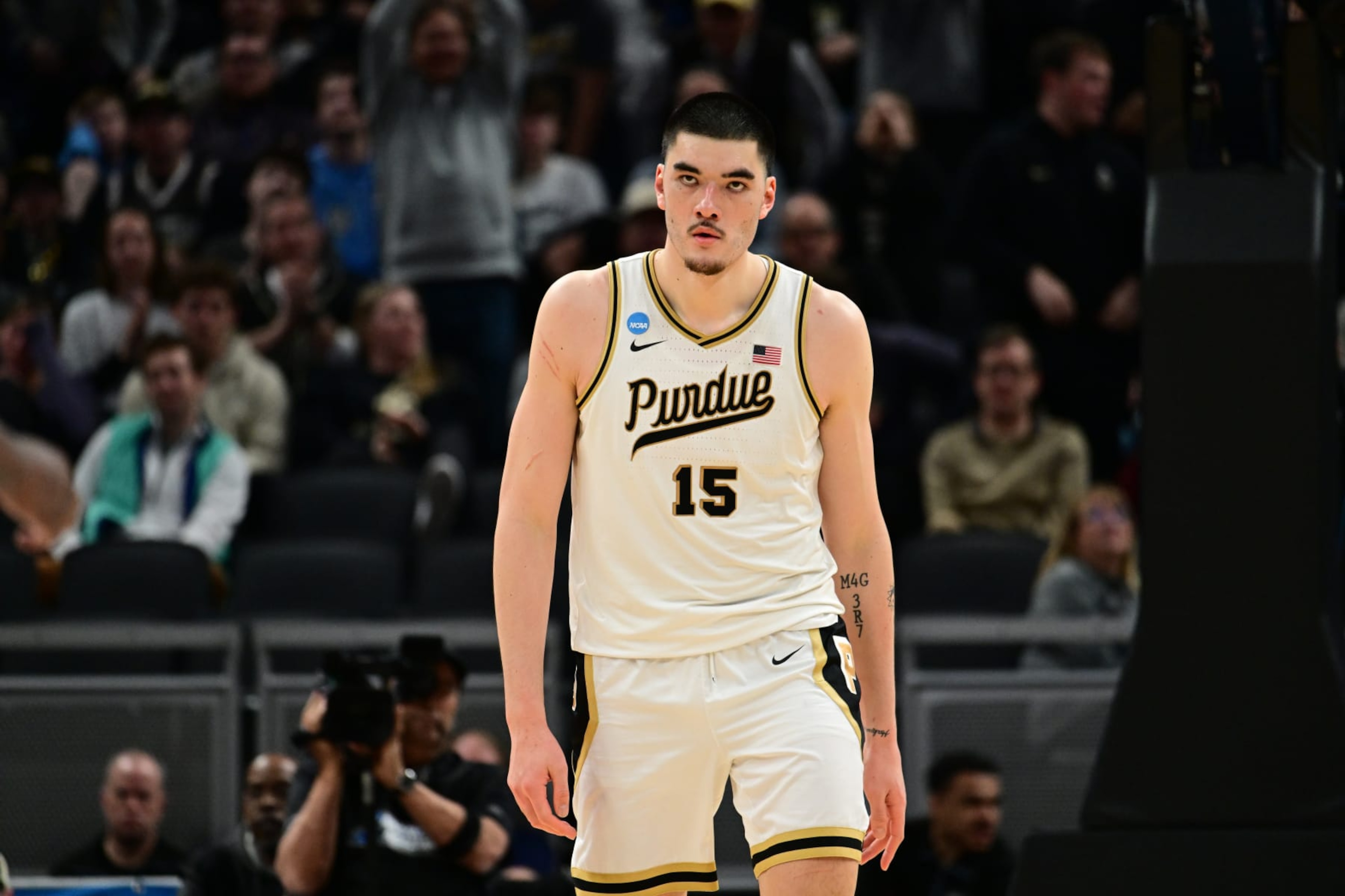INDIANAPOLIS, INDIANA - MARCH 24: Zach Edey #15 of the Purdue Boilermakers awaits a play against the Utah State Aggies during the second round of the 2024 NCAA Men's Basketball Tournament held at Gainbridge Fieldhouse on March 24, 2024 in Indianapolis, Indiana. (Photo by Ben Solomon/NCAA Photos via Getty Images)