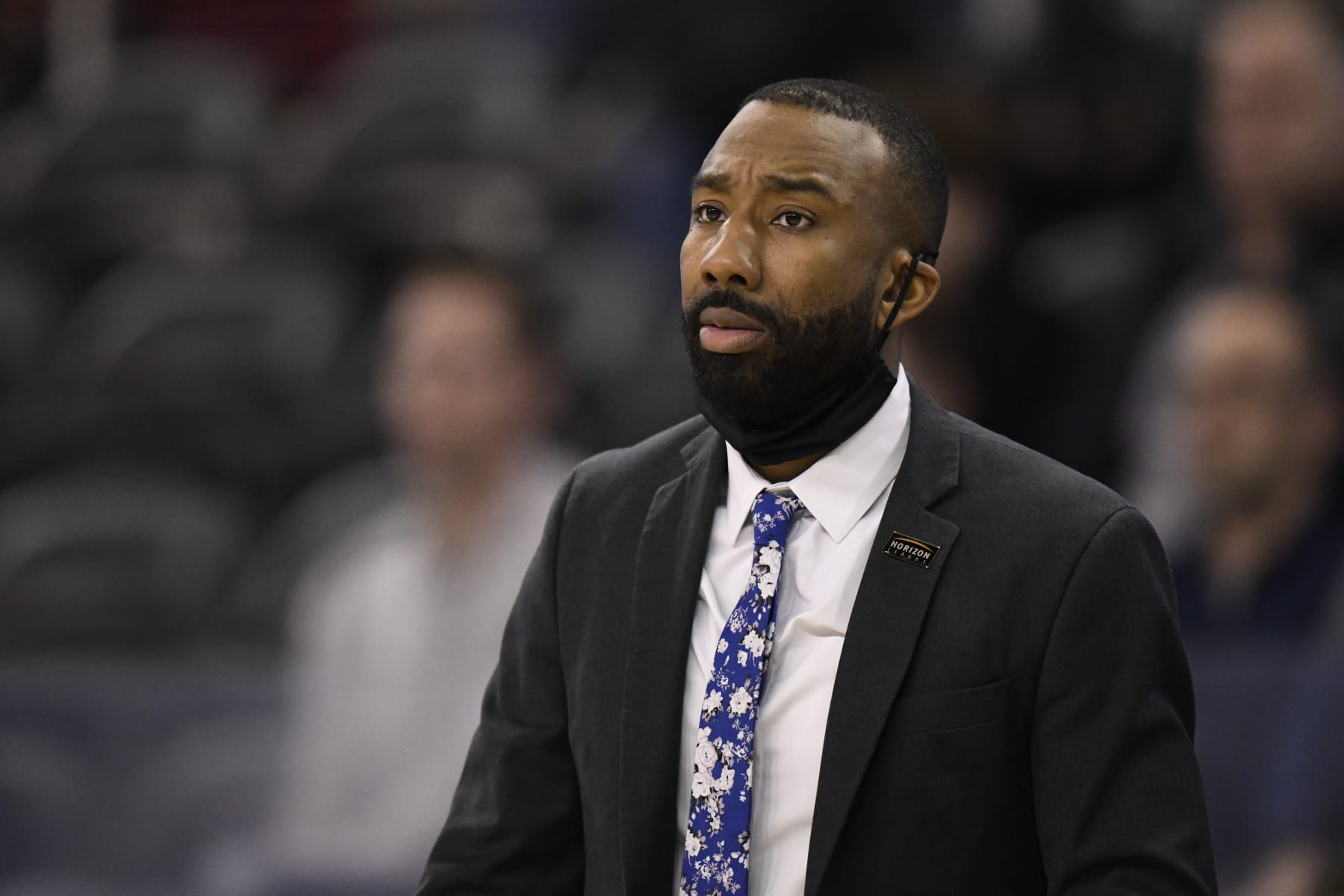 INDIANAPOLIS, IN - MARCH 07: Cleveland State assistant coach Dru Joyce III watches during the Horizon League Tournament semi-final college basketball game between the Cleveland State Vikings and the Wright State Raiders on March 7, 2022, at the Indiana Farmers Coliseum in Indianapolis, Indiana. (Photo by Michael Allio/Icon Sportswire via Getty Images)