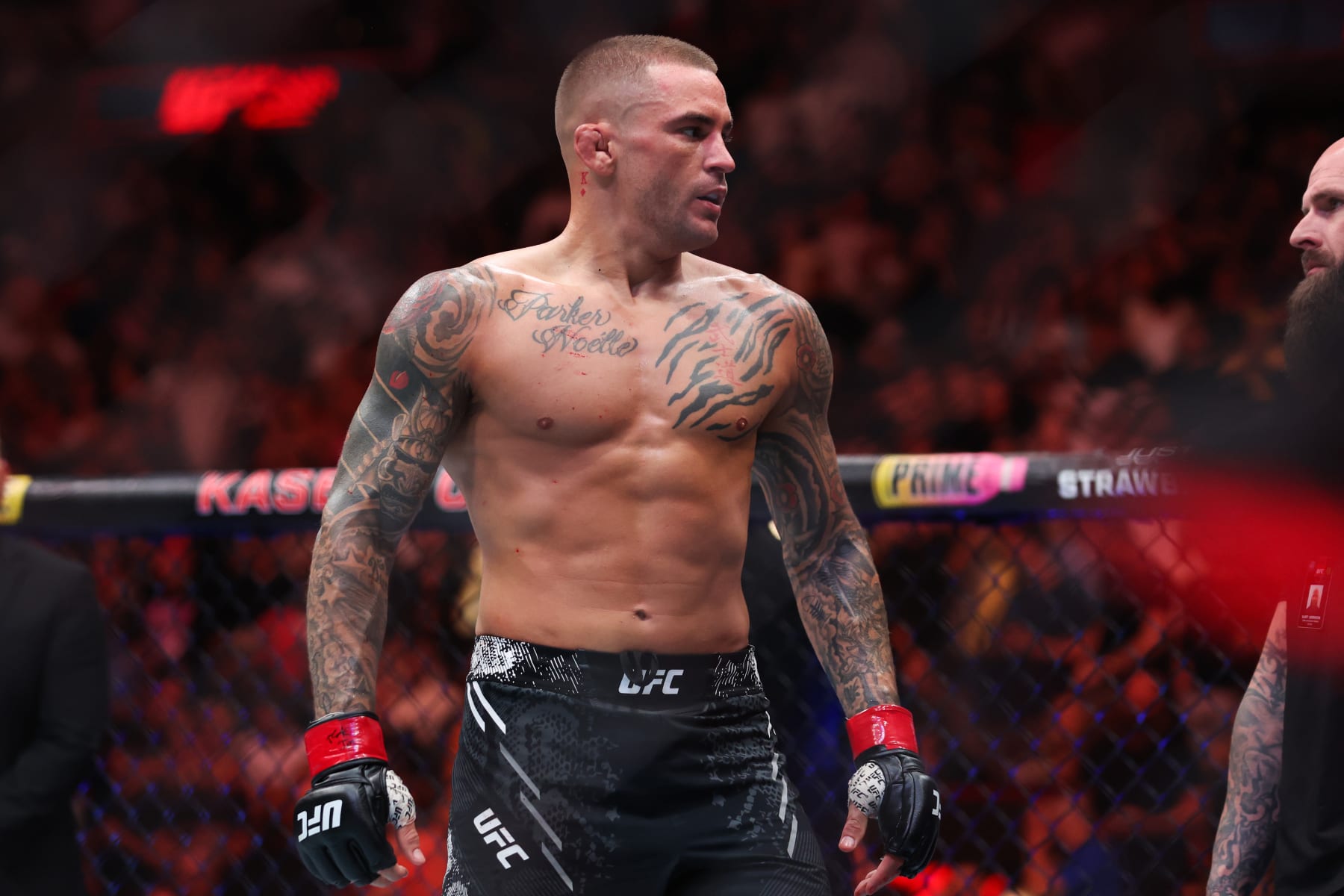 MIAMI, FLORIDA - MARCH 09: Dustin Poirier reacts after defeating Benoit Saint Denis of France in their lightweight bout at UFC 299 at Kaseya Center on March 09, 2024 in Miami, Florida. (Photo by Megan Briggs/Getty Images)