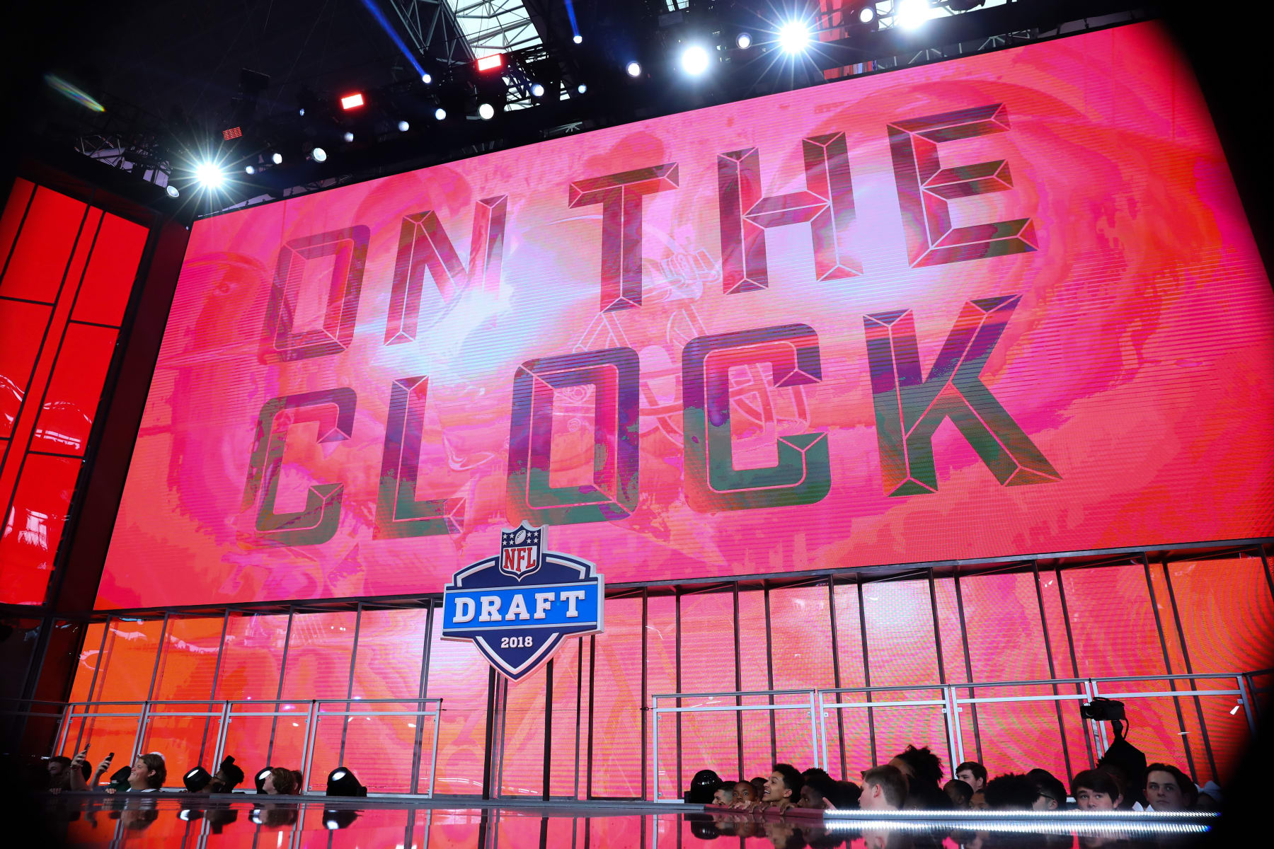 ARLINGTON, TX - APRIL 26: The On the Clock logo on the video board during the first round at the 2018 NFL Draft at AT&T Stadium on April 26, 2018 at AT&T Stadium in Arlington Texas. (Photo by Rich Graessle/Icon Sportswire via Getty Images)