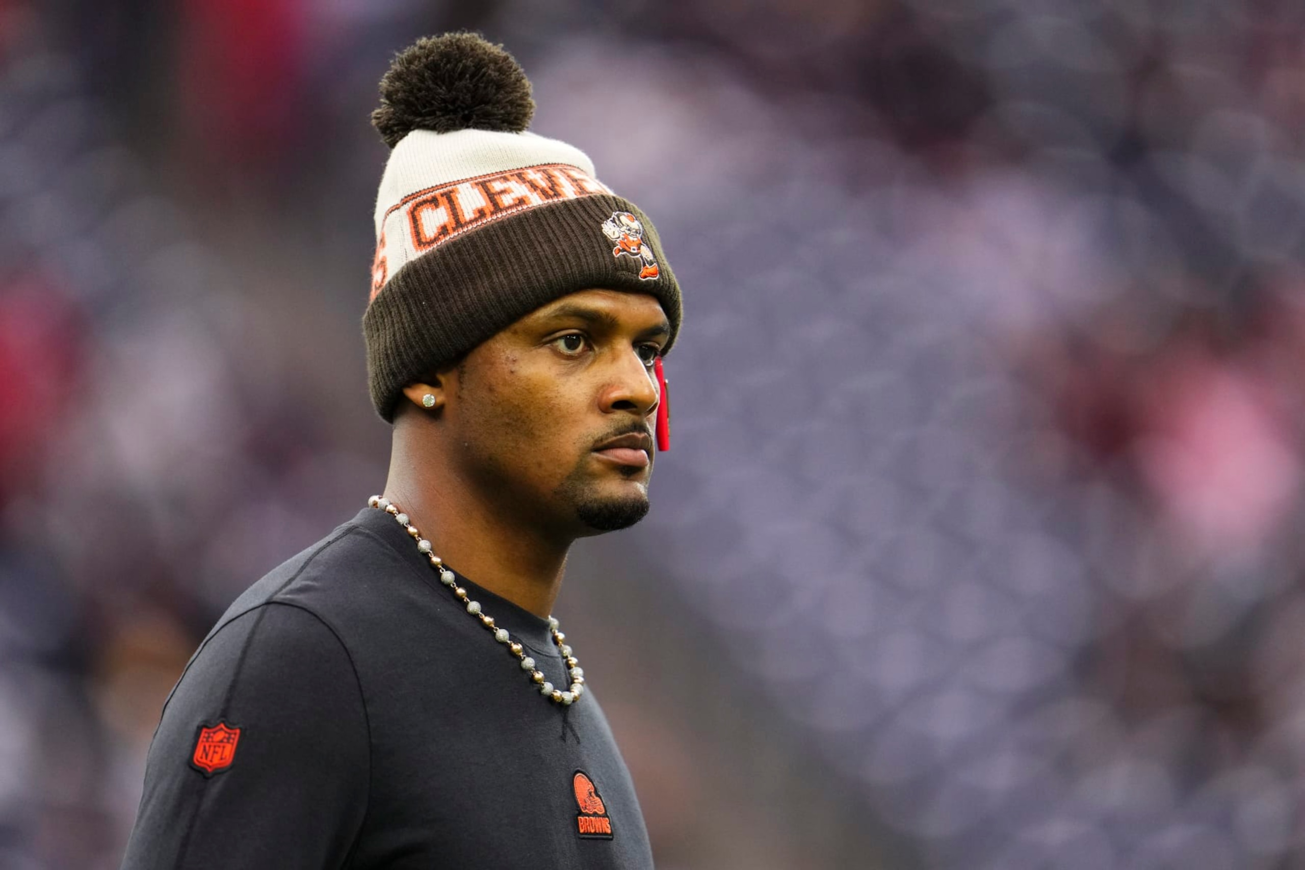 HOUSTON, TX - JANUARY 13: Deshaun Watson #4 of the Cleveland Browns warms up prior to an NFL wild-card playoff football game against the Houston Texans at NRG Stadium on January 13, 2024 in Houston, Texas. (Photo by Cooper Neill/Getty Images) HOUSTON, TX - JANUARY 13: Deshaun Watson #4 of the Cleveland Browns warms up prior to an NFL wild-card playoff football game against the Houston Texans at NRG Stadium on January 13, 2024 in Houston, Texas. (Photo by Cooper Neill/Getty Images)