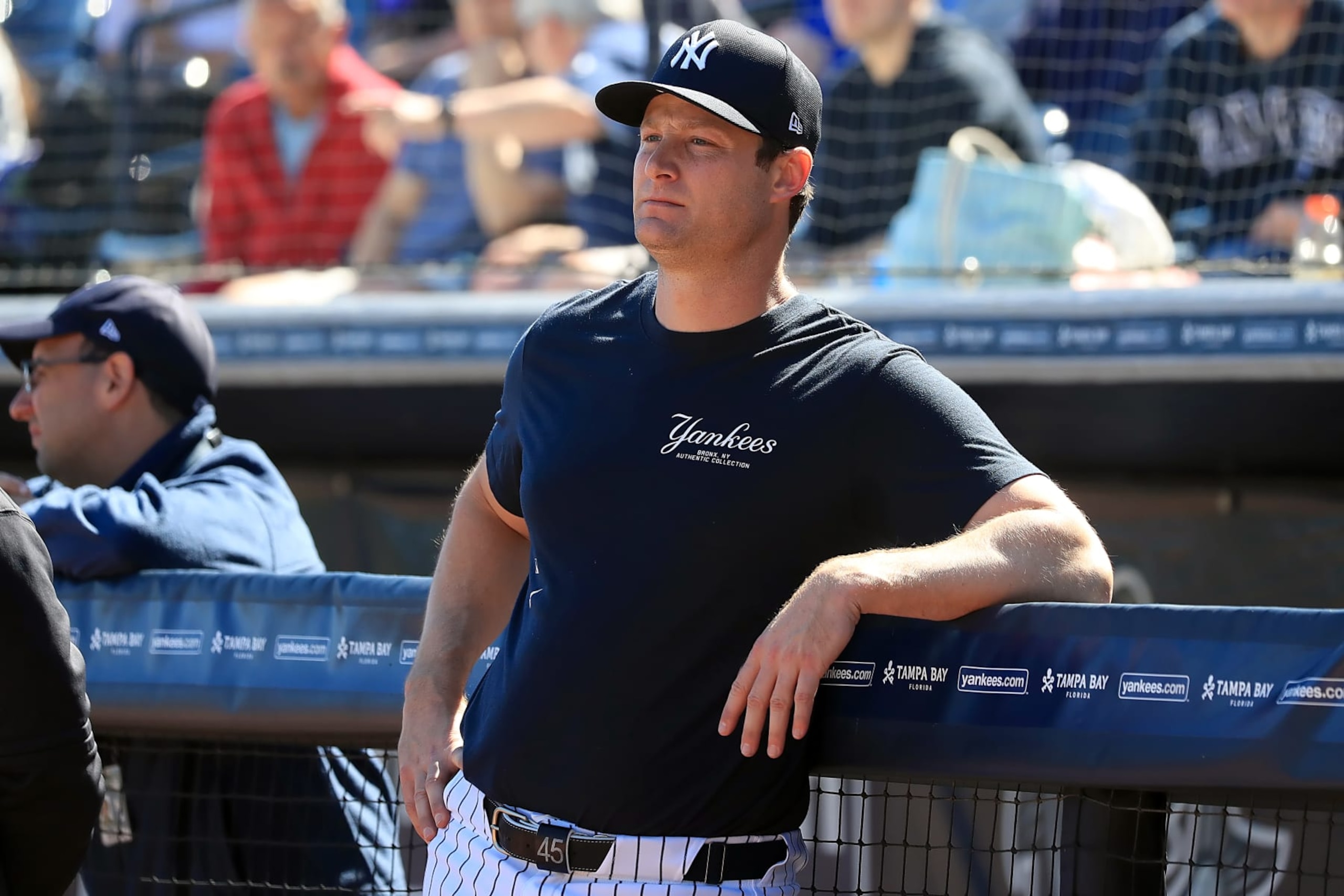 TAMPA, FL - FEBRUARY 20: New York Yankees Pitcher Gerrit Cole (45) watches batting practice during the spring training workout on February 20, 2024 at George M. Steinbrenner Field in Tampa, FL. (Photo by Cliff Welch/Icon Sportswire via Getty Images) TAMPA, FL - FEBRUARY 20: New York Yankees Pitcher Gerrit Cole (45) watches batting practice during the spring training workout on February 20, 2024 at George M. Steinbrenner Field in Tampa, FL. (Photo by Cliff Welch/Icon Sportswire via Getty Images)