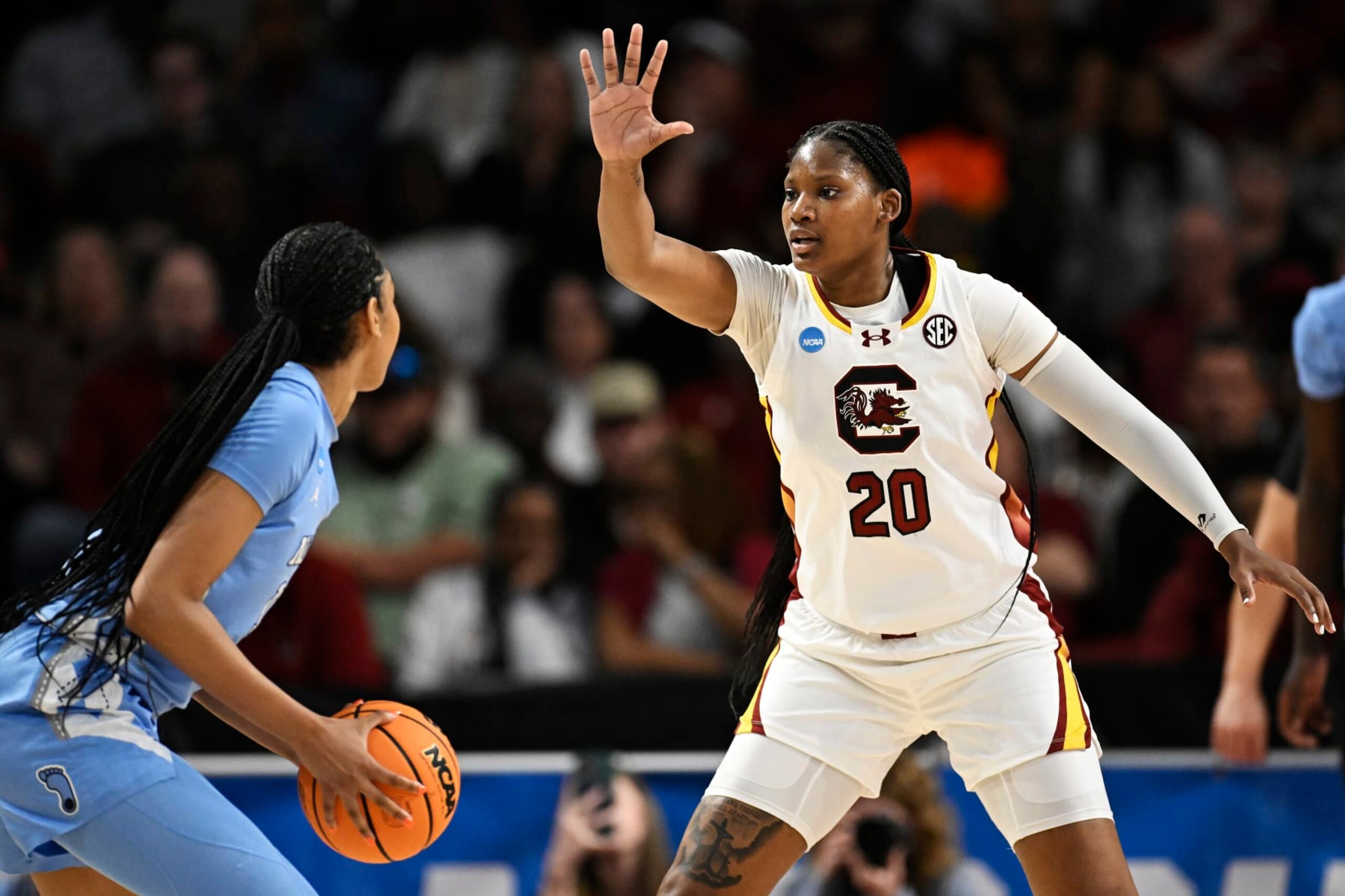 COLUMBIA, SOUTH CAROLINA - MARCH 24: Sania Feagin #20 of the South Carolina Gamecocks guards Teonni Key #13 of the North Carolina Tar Heels in the third quarter during the second round of the NCAA Women’s Basketball Tournament at Colonial Life Arena on March 24, 2024 in Columbia, South Carolina. (Photo by Eakin Howard/Getty Images)