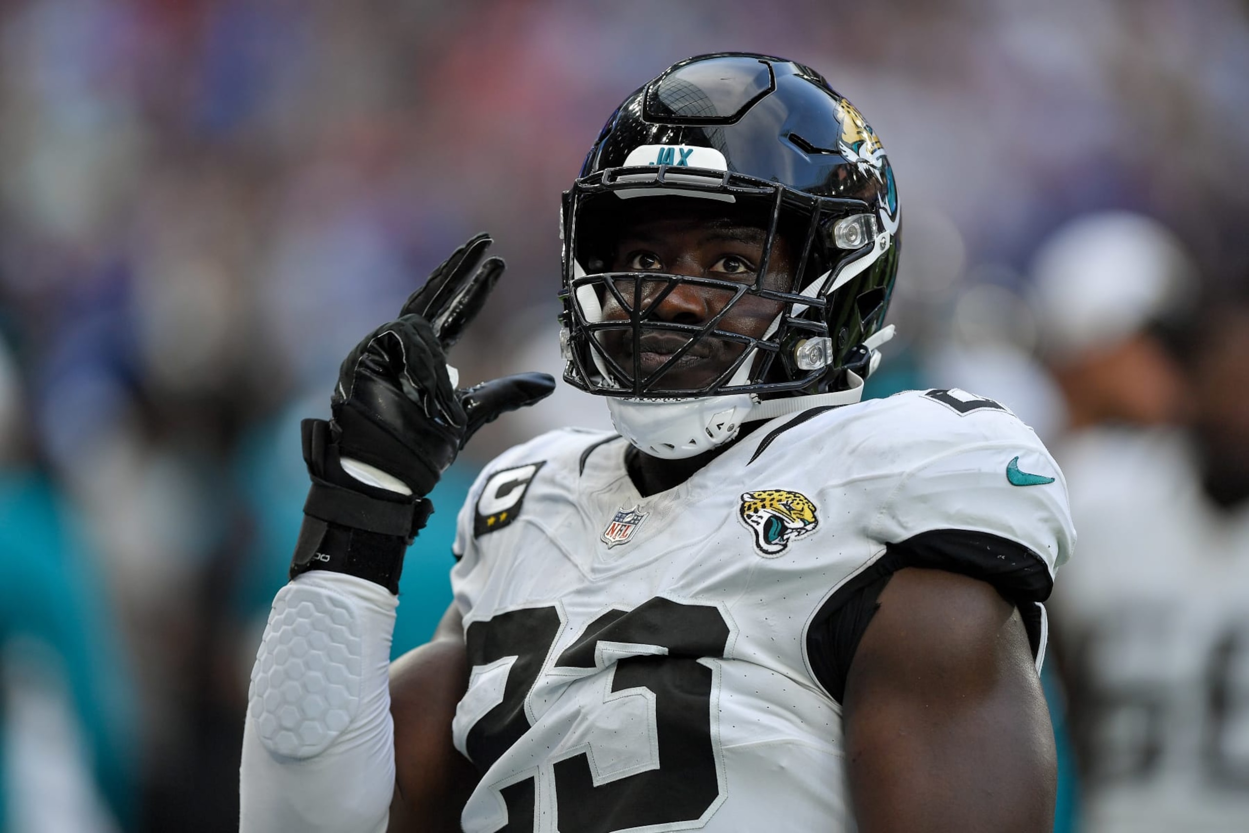 LONDON, ENGLAND - OCTOBER 8: Foye Oluokun of Jacksonville Jaguars looks on during the NFL match between Jacksonville Jaguars and Buffalo Bills at Tottenham Hotspur Stadium on October 8, 2023 in London, England. (Photo by Vincent Mignott/DeFodi Images via Getty Images)
