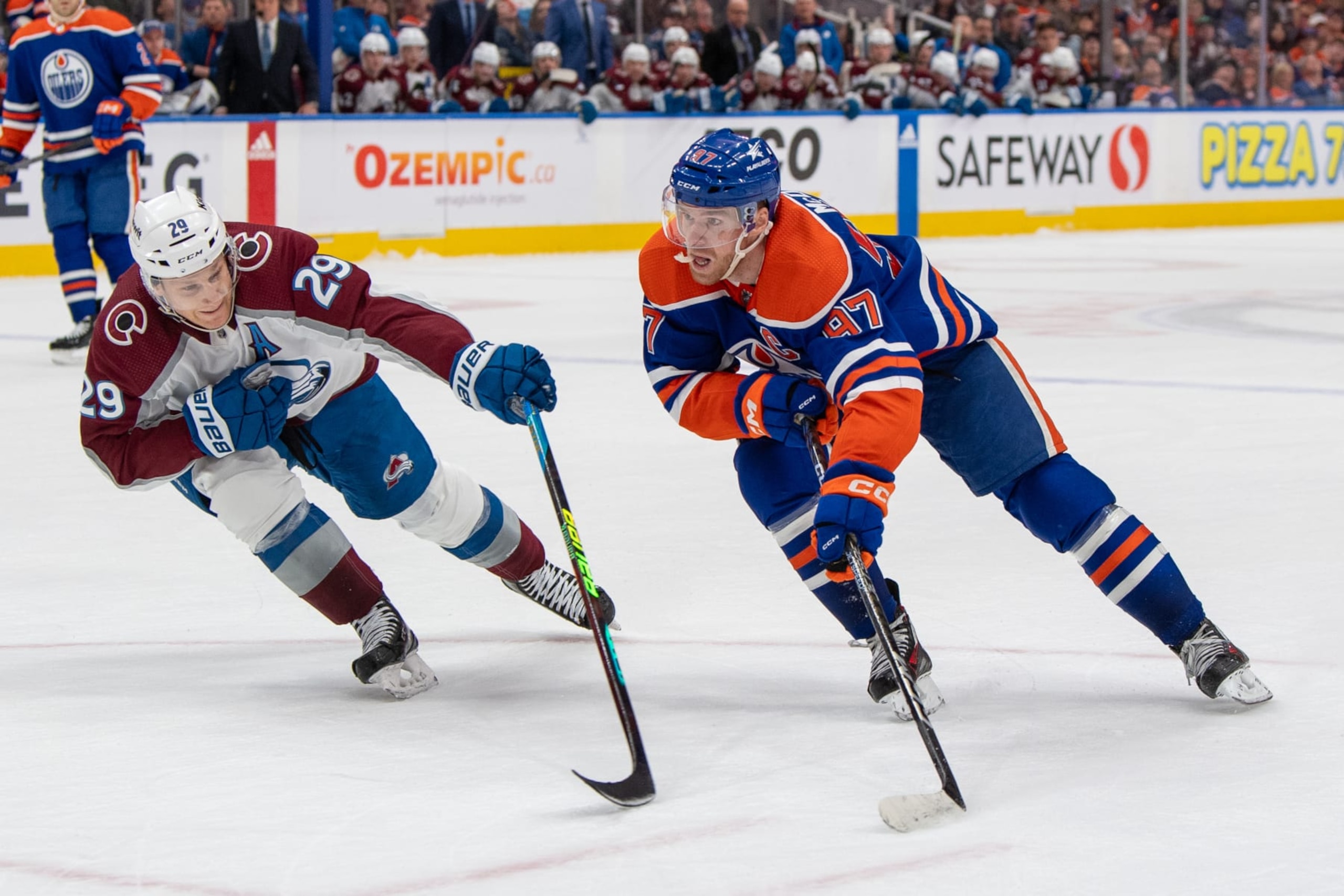 EDMONTON, CANADA - MARCH 16: Connor McDavid #97 of the Edmonton Oilers skates during the game against Nathan MacKinnon #29 of the Colorado Avalanche at Rogers Place on March 16, 2024, in Edmonton, Alberta, Canada. (Photo by Andy Devlin/NHLI via Getty Images)