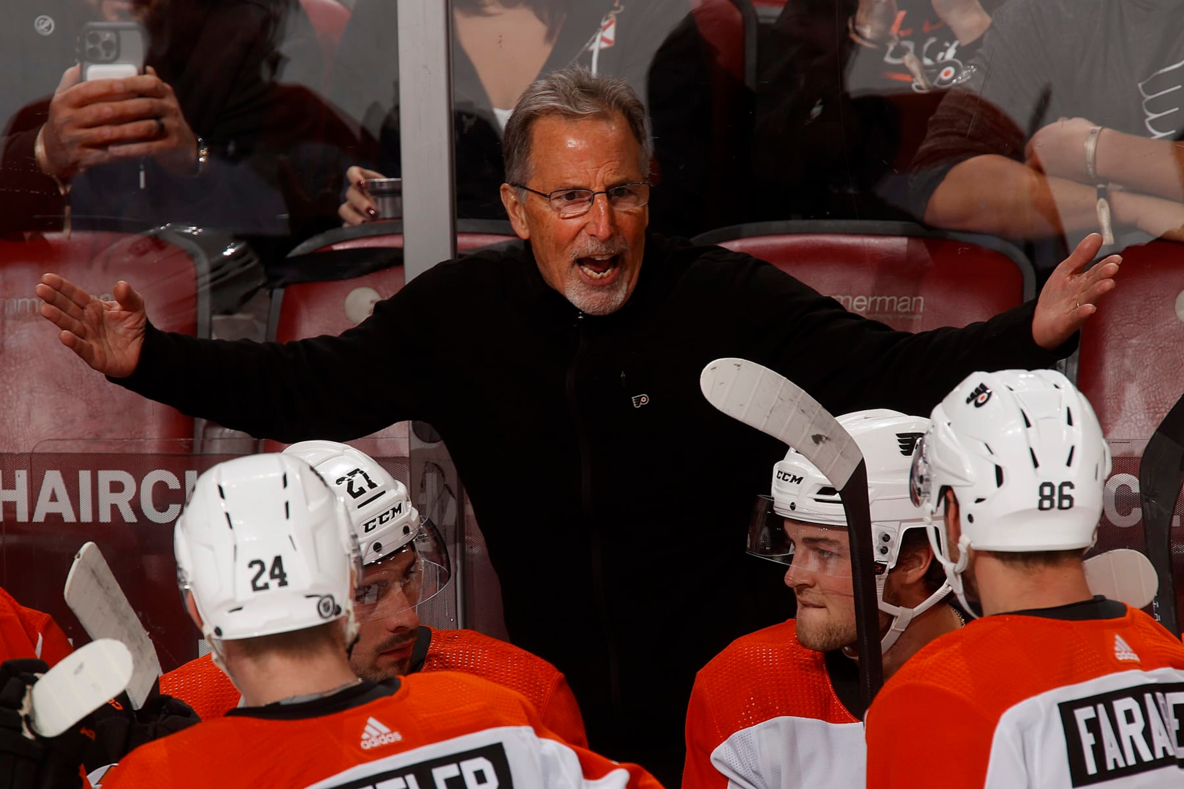 SUNRISE, FLORIDA - FEBRUARY 6: Philadelphia Flyers Head Coach John Tortorella gives his team instructions during a break in the action against the Florida Panthers at the Amerant Bank Arena on February 6, 2024 in Sunrise, Florida. (Photo by Eliot J. Schechter/NHLI via Getty Images) SUNRISE, FLORIDA - FEBRUARY 6: Philadelphia Flyers Head Coach John Tortorella gives his team instructions during a break in the action against the Florida Panthers at the Amerant Bank Arena on February 6, 2024 in Sunrise, Florida. (Photo by Eliot J. Schechter/NHLI via Getty Images)