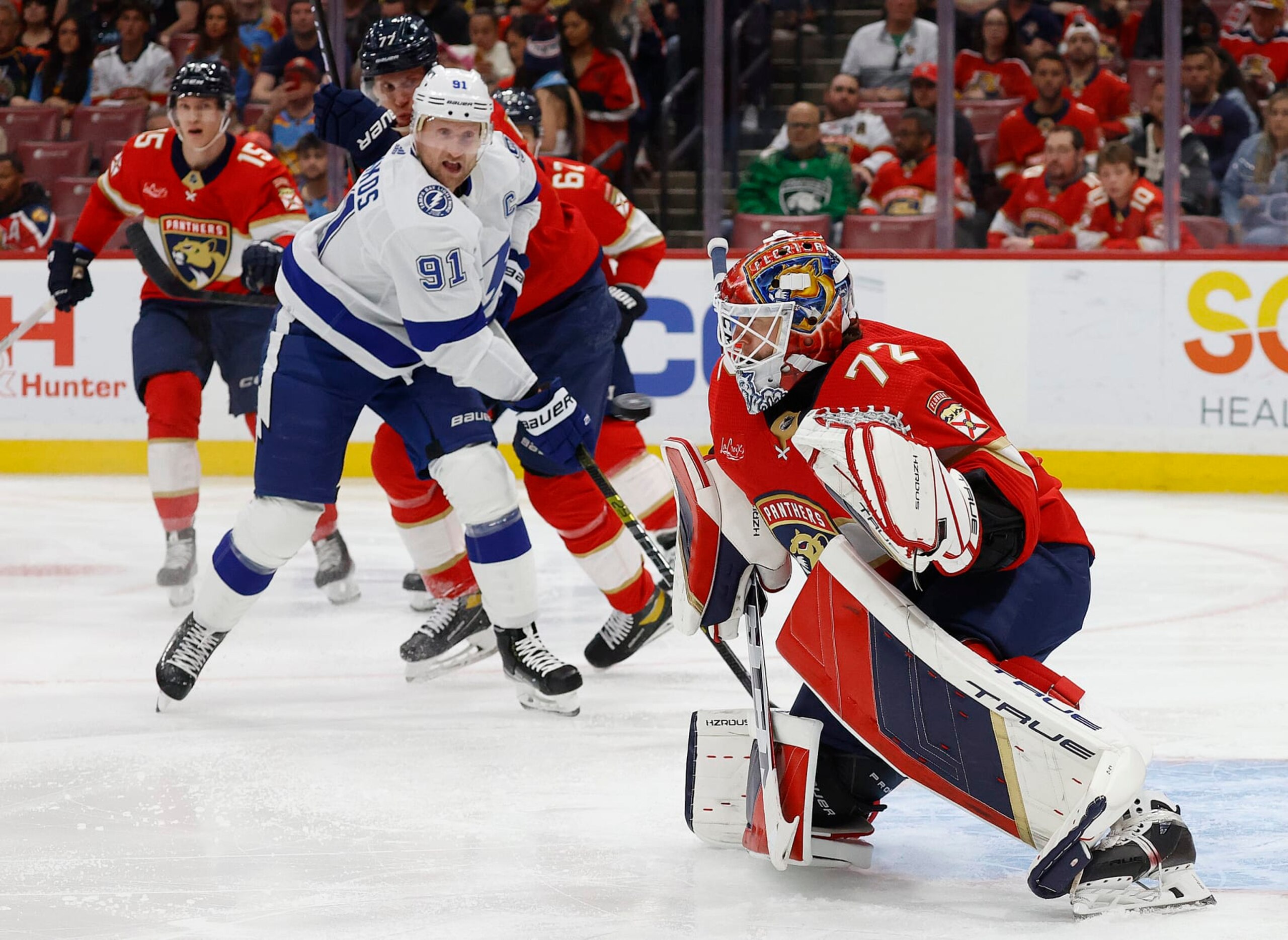 SUNRISE, FLORIDA - MARCH 16: Goaltender Sergei Bobrovsky #72 of the Florida Panthers defends the net against Steven Stamkos #91 of the Tampa Bay Lightning at the Amerant Bank Arena on March 16, 2024 in Sunrise, Florida. (Photo by Eliot J. Schechter/NHLI via Getty Images)