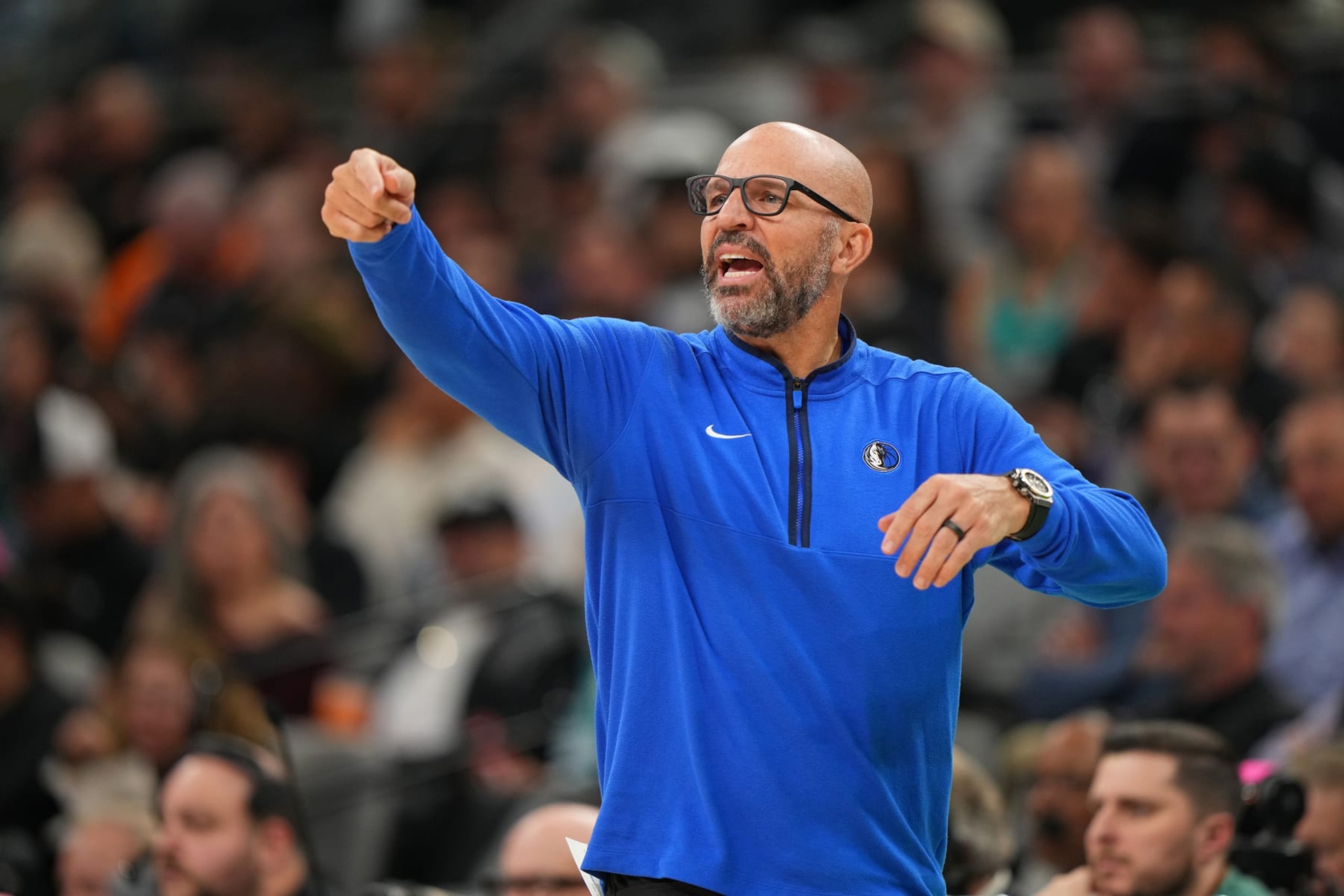 SAN ANTONIO, TX - MARCH 19:  Head Coach Jason Kidd of the Dallas Mavericks looks on during the game on March 19, 2024 at the Frost Bank Center in San Antonio, Texas. NOTE TO USER: User expressly acknowledges and agrees that, by downloading and or using this photograph, user is consenting to the terms and conditions of the Getty Images License Agreement. Mandatory Copyright Notice: Copyright 2024 NBAE (Photos by Darren Carroll/NBAE via Getty Images)