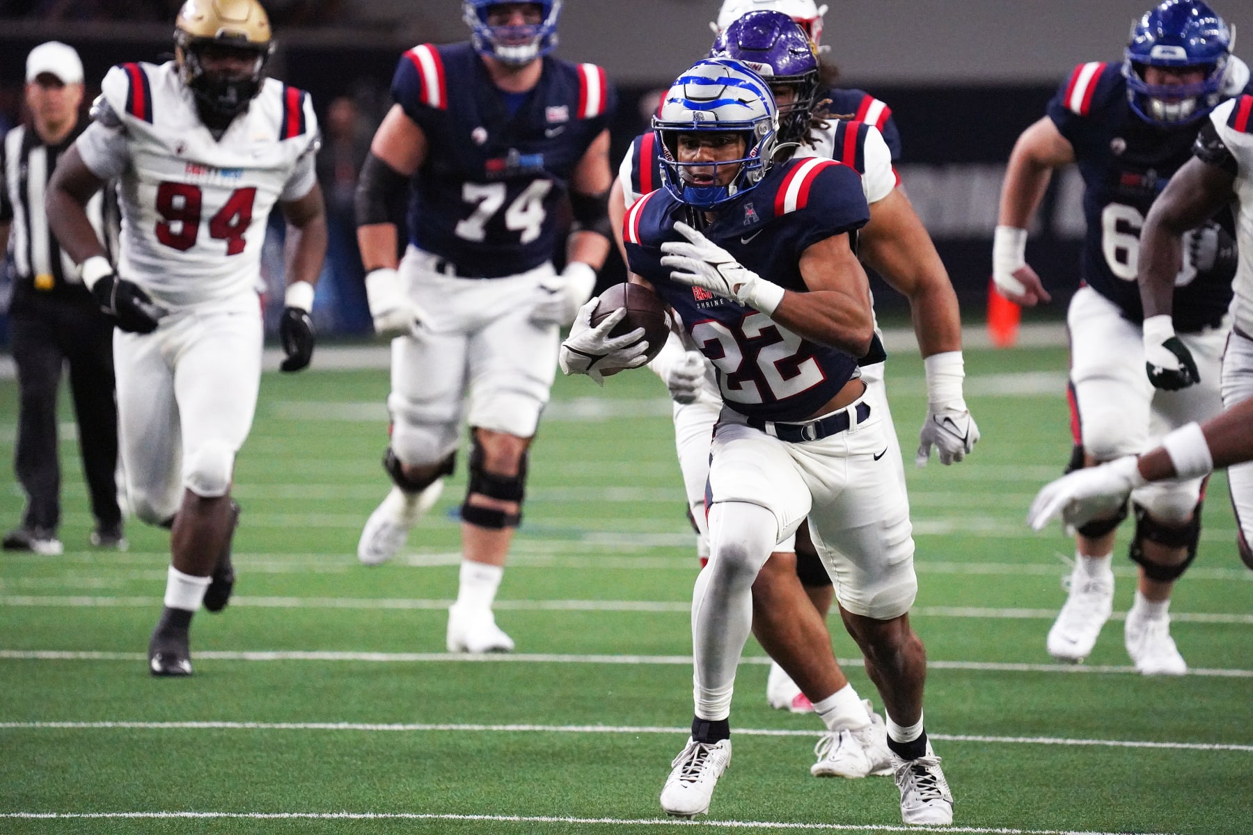 February 1, 2024, Frisco, Texas, United States: West Team  running back Blake Watson runs with the ball  during the 99th annual East-West Shrine Bowl played at the Ford Center in Texas, United States. (Photo by Javier Vicencio / Eyepix Group)                 (Photo credit should read Javier Vicencio / Eyepix Group/Future Publishing via Getty Images)
