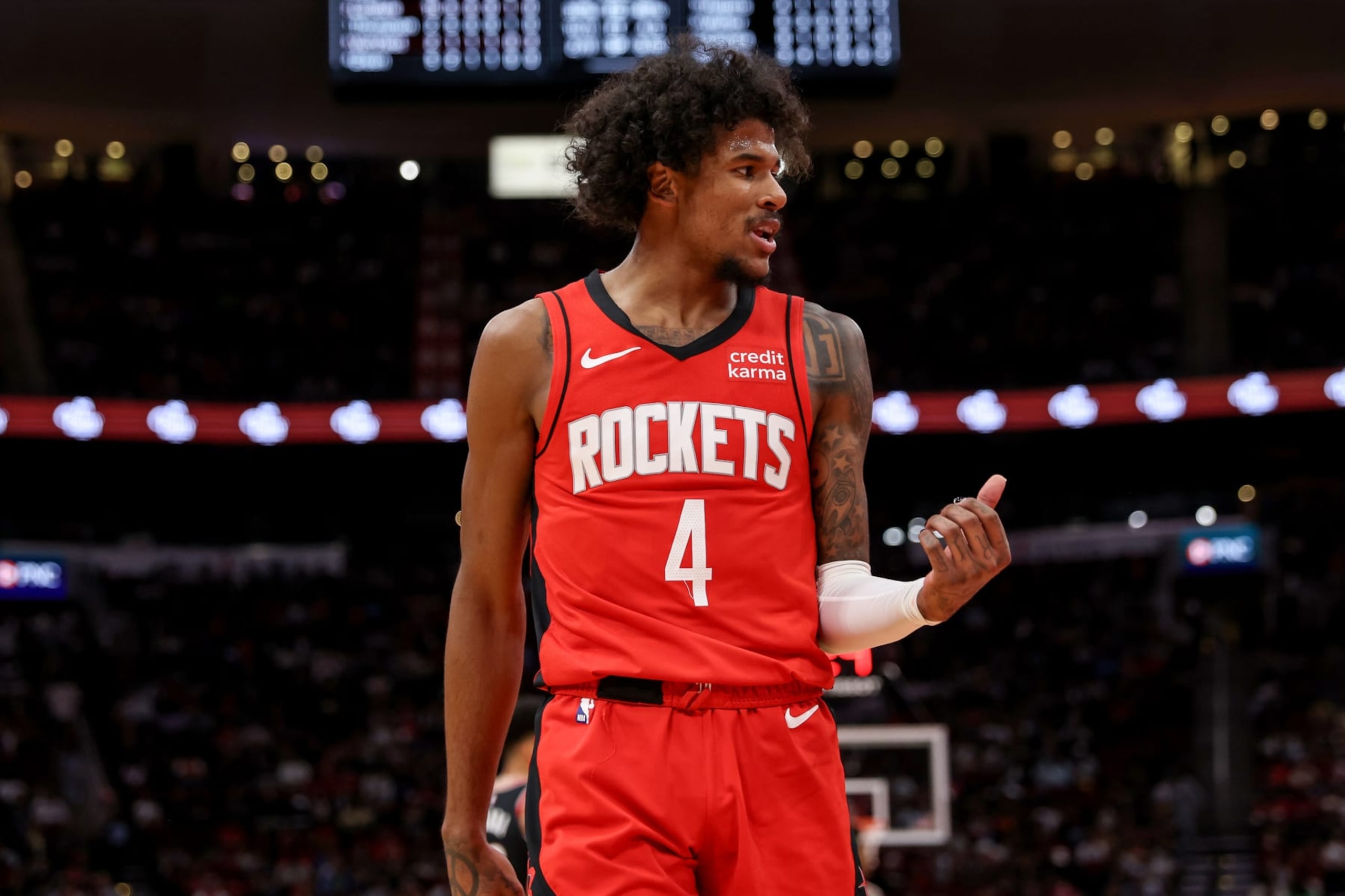 HOUSTON, TEXAS - MARCH 25: Jalen Green #4 of the Houston Rockets reacts in the second half against the Portland Trail Blazers at Toyota Center on March 25, 2024 in Houston, Texas.  NOTE TO USER: User expressly acknowledges and agrees that, by downloading and or using this photograph, User is consenting to the terms and conditions of the Getty Images License Agreement. (Photo by Tim Warner/Getty Images)