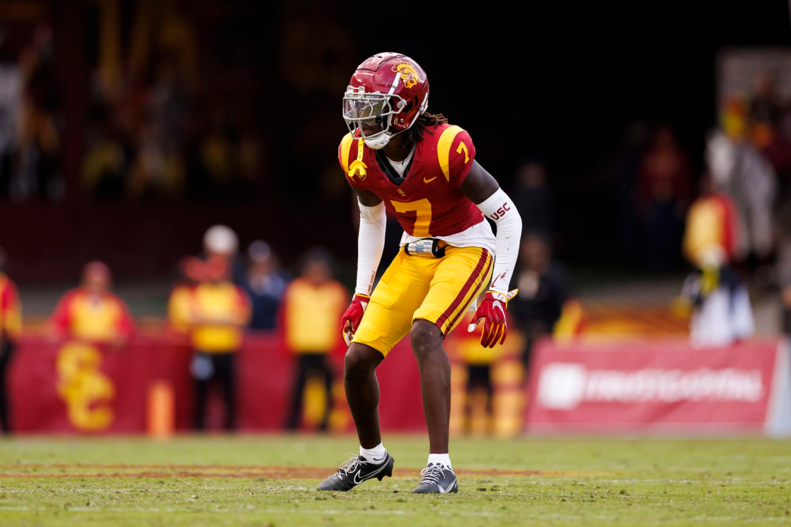 LOS ANGELES, CALIFORNIA - NOVEMBER 18: Calen Bullock #7 of the USC Trojans defends in coverage during the first half of a game against the UCLA Bruins at United Airlines Field at the Los Angeles Memorial Coliseum on November 18, 2023 in Los Angeles, California. (Photo by Ryan Kang/Getty Images)