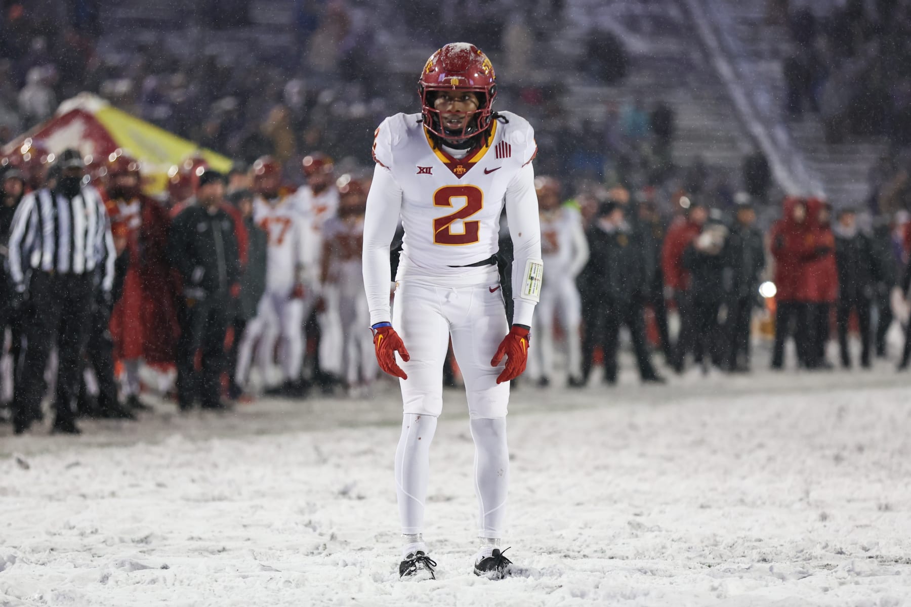 MANHATTAN, KS - NOVEMBER 25: Iowa State Cyclones defensive back T.J. Tampa (2) in the fourth quarter of a Big 12 football game between the Iowa State Cyclones and Kansas State Wildcats on Nov 25, 2023 at Bill Snyder Family Stadium in Manhattan, KS. (Photo by Scott Winters/Icon Sportswire via Getty Images)