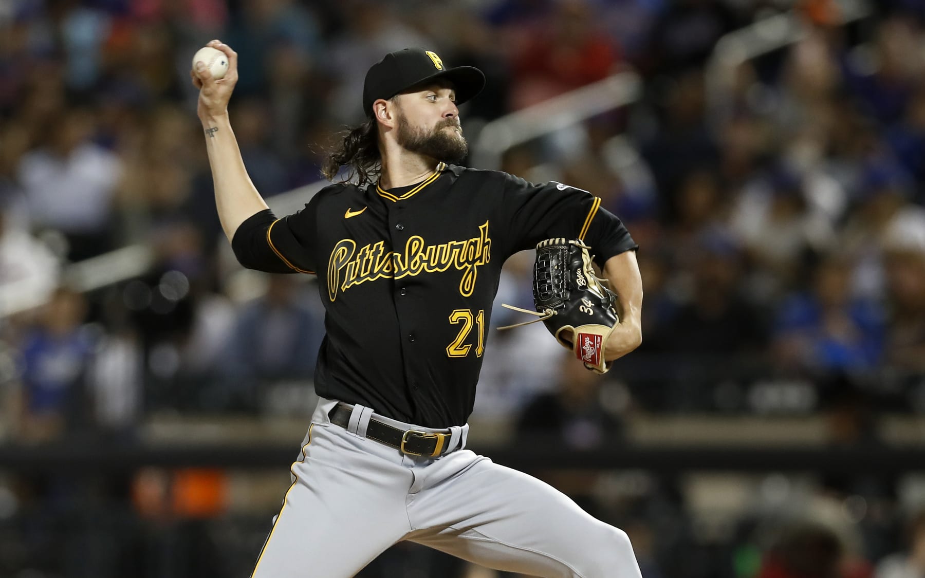 NEW YORK, NEW YORK - SEPTEMBER 15:  JT Brubaker of the Pittsburgh Pirates pitches during the first inning against the New York Mets at Citi Field on September 15, 2022 in New York City. Players are wearing number 21 in honor of Roberto Clemente Day. (Photo by Jim McIsaac/Getty Images)
