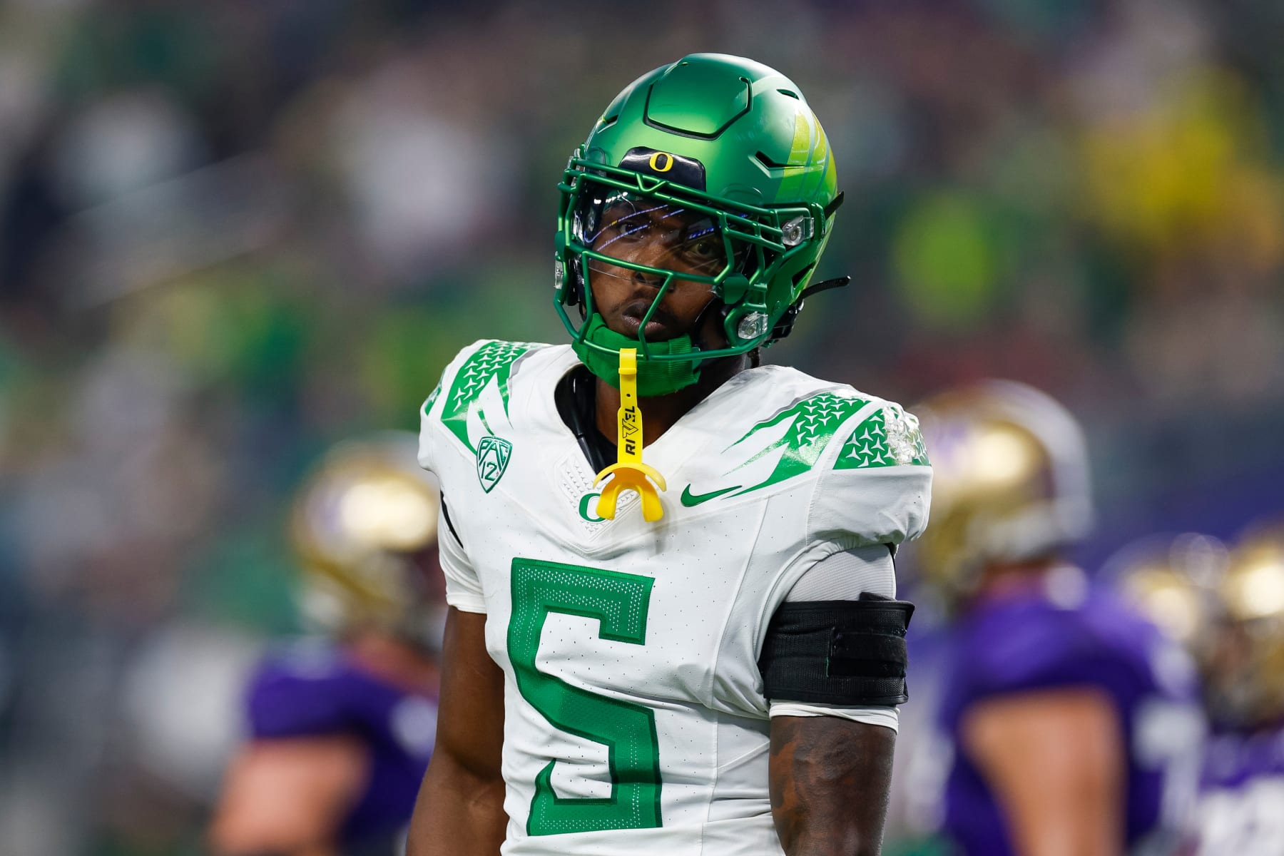 LAS VEGAS, NEVADA - DECEMBER 1: Khyree Jackson #5 of the Oregon Ducks looks to the sideline during the Pac-12 Championship game against the Washington Huskies at Allegiant Stadium on December 1, 2023 in Las Vegas, Nevada. (Photo by Brandon Sloter/Image Of Sport/Getty Images)