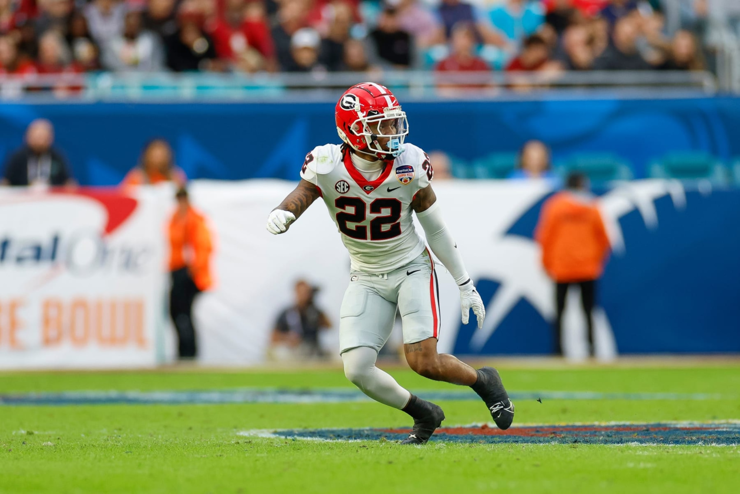 MIAMI GARDENS, FLORIDA - DECEMBER 30: Javon Bullard #22 of the Georgia Bulldogs defends in coverage during the Capital One Orange Bowl game against the Florida State Seminoles at Hard Rock Stadium on December 30, 2023 in Miami Gardens, Florida. (Photo by Brandon Sloter/Image Of Sport/Getty Images)