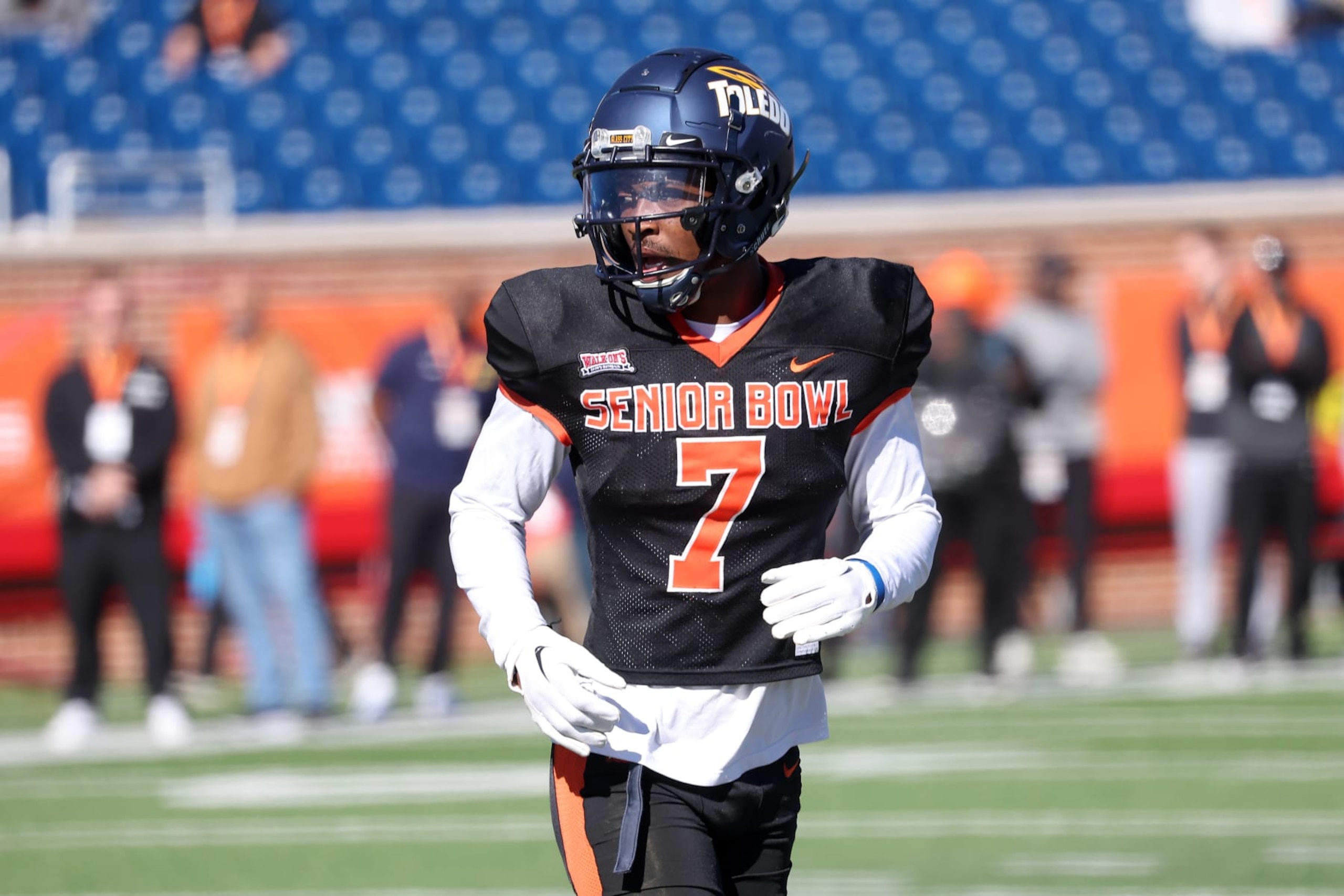 MOBILE, AL - JANUARY 31: National defensive back Quinyon Mitchell of Toledo (7) during the National team practice for the Reese's Senior Bowl on January 31, 2024 at Hancock Whitney Stadium in Mobile, Alabama. (Photo by Michael Wade/Icon Sportswire via Getty Images) MOBILE, AL - JANUARY 31: National defensive back Quinyon Mitchell of Toledo (7) during the National team practice for the Reese's Senior Bowl on January 31, 2024 at Hancock Whitney Stadium in Mobile, Alabama. (Photo by Michael Wade/Icon Sportswire via Getty Images)
