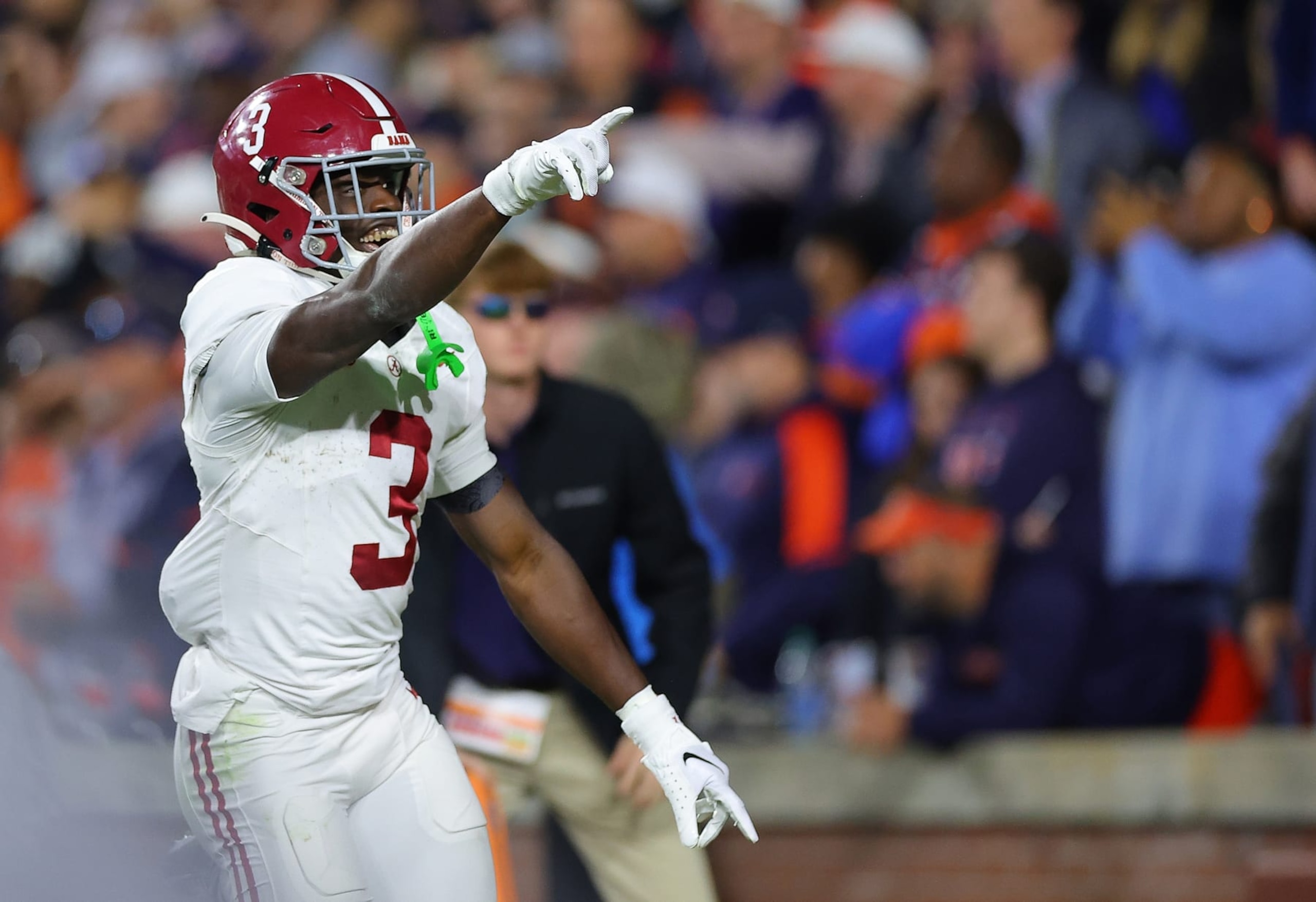 AUBURN, ALABAMA - NOVEMBER 25: Terrion Arnold #3 of the Alabama Crimson Tide reacts after intercepting the final pass of the game in their 27-24 win over the Auburn Tigers at Jordan-Hare Stadium on November 25, 2023 in Auburn, Alabama. (Photo by Kevin C. Cox/Getty Images) AUBURN, ALABAMA - NOVEMBER 25: Terrion Arnold #3 of the Alabama Crimson Tide reacts after intercepting the final pass of the game in their 27-24 win over the Auburn Tigers at Jordan-Hare Stadium on November 25, 2023 in Auburn, Alabama. (Photo by Kevin C. Cox/Getty Images)