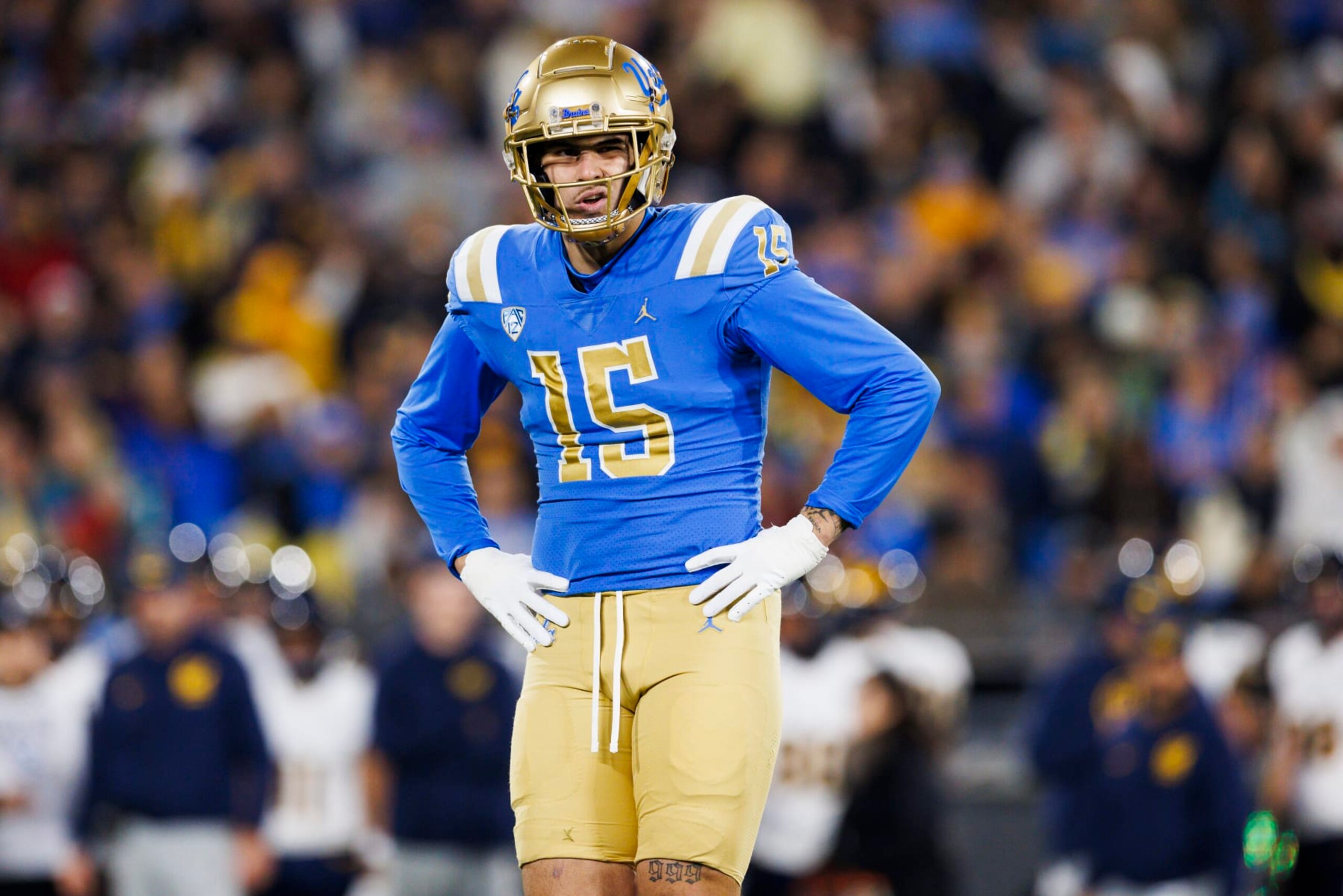 PASADENA, CA - NOVEMBER 25: UCLA Bruins defensive lineman Laiatu Latu (15) during a college football game against Cal Golden Bears on November 25, 2023 at Rose Bowl Stadium in Pasadena, CA. (Photo by Ric Tapia/Icon Sportswire via Getty Images) PASADENA, CA - NOVEMBER 25: UCLA Bruins defensive lineman Laiatu Latu (15) during a college football game against Cal Golden Bears on November 25, 2023 at Rose Bowl Stadium in Pasadena, CA. (Photo by Ric Tapia/Icon Sportswire via Getty Images)
