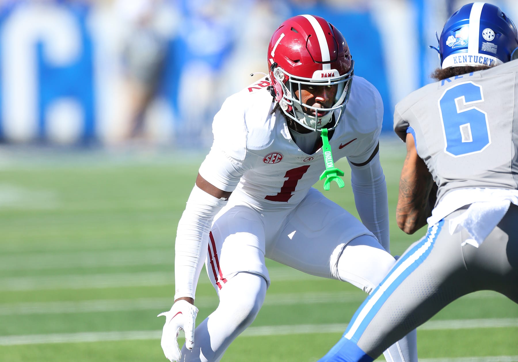 LEXINGTON, KY - NOVEMBER 11: Alabama Crimson Tide defensive back Kool-Aid McKinstry (1) in a game between the Alabama Crimson Tide and the Kentucky Wildcats on November 11, 2023, at Kroger Field in Lexington, KY. (Photo by Jeff Moreland/Icon Sportswire via Getty Images)