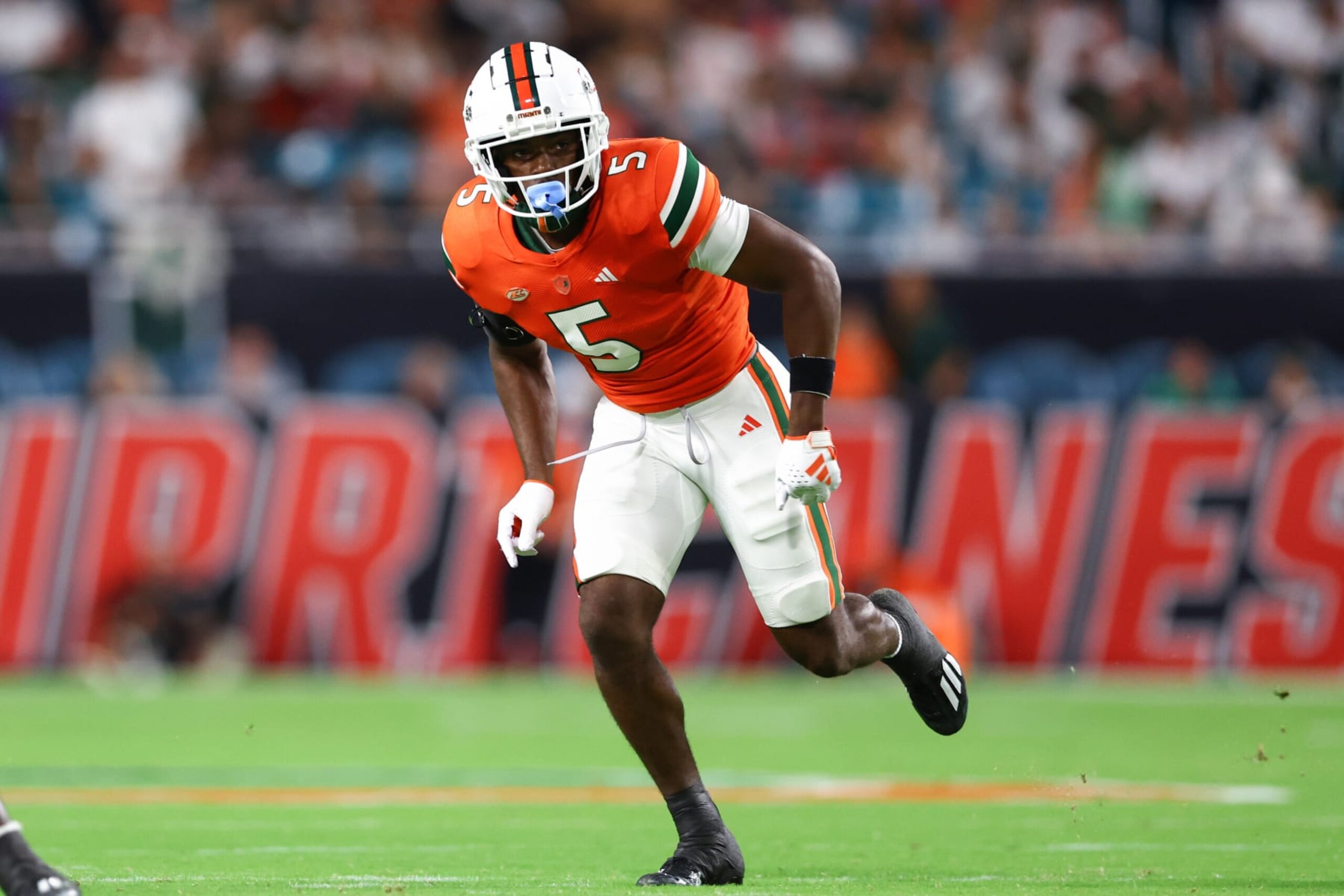 MIAMI GARDENS, FLORIDA - OCTOBER 21: Kamren Kinchens #5 of the Miami Hurricanes in action against the Clemson Tigers during the first half of the game at Hard Rock Stadium on October 21, 2023 in Miami Gardens, Florida. (Photo by Megan Briggs/Getty Images) MIAMI GARDENS, FLORIDA - OCTOBER 21: Kamren Kinchens #5 of the Miami Hurricanes in action against the Clemson Tigers during the first half of the game at Hard Rock Stadium on October 21, 2023 in Miami Gardens, Florida. (Photo by Megan Briggs/Getty Images)