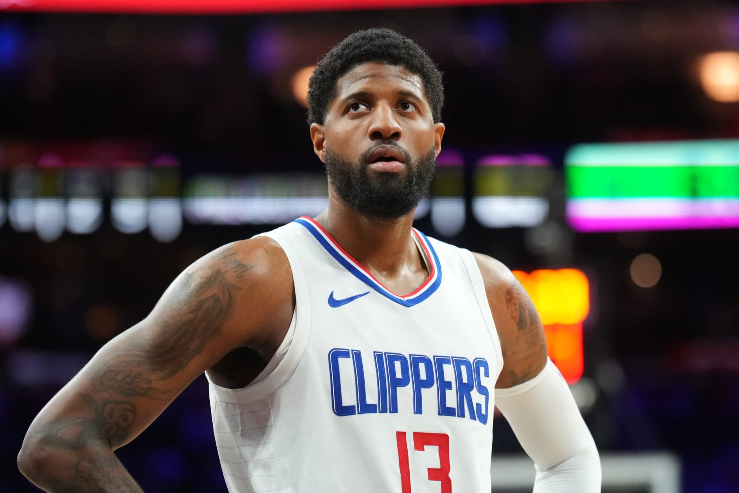 PHILADELPHIA, PA - MARCH 27: Paul George #13 of the LA Clippers looks on during the game against the Philadelphia 76ers on March 27, 2024 at the Wells Fargo Center in Philadelphia, Pennsylvania NOTE TO USER: User expressly acknowledges and agrees that, by downloading and/or using this Photograph, user is consenting to the terms and conditions of the Getty Images License Agreement. Mandatory Copyright Notice: Copyright 2024 NBAE (Photo by Jesse D. Garrabrant/NBAE via Getty Images) PHILADELPHIA, PA - MARCH 27: Paul George #13 of the LA Clippers looks on during the game against the Philadelphia 76ers on March 27, 2024 at the Wells Fargo Center in Philadelphia, Pennsylvania NOTE TO USER: User expressly acknowledges and agrees that, by downloading and/or using this Photograph, user is consenting to the terms and conditions of the Getty Images License Agreement. Mandatory Copyright Notice: Copyright 2024 NBAE (Photo by Jesse D. Garrabrant/NBAE via Getty Images)
