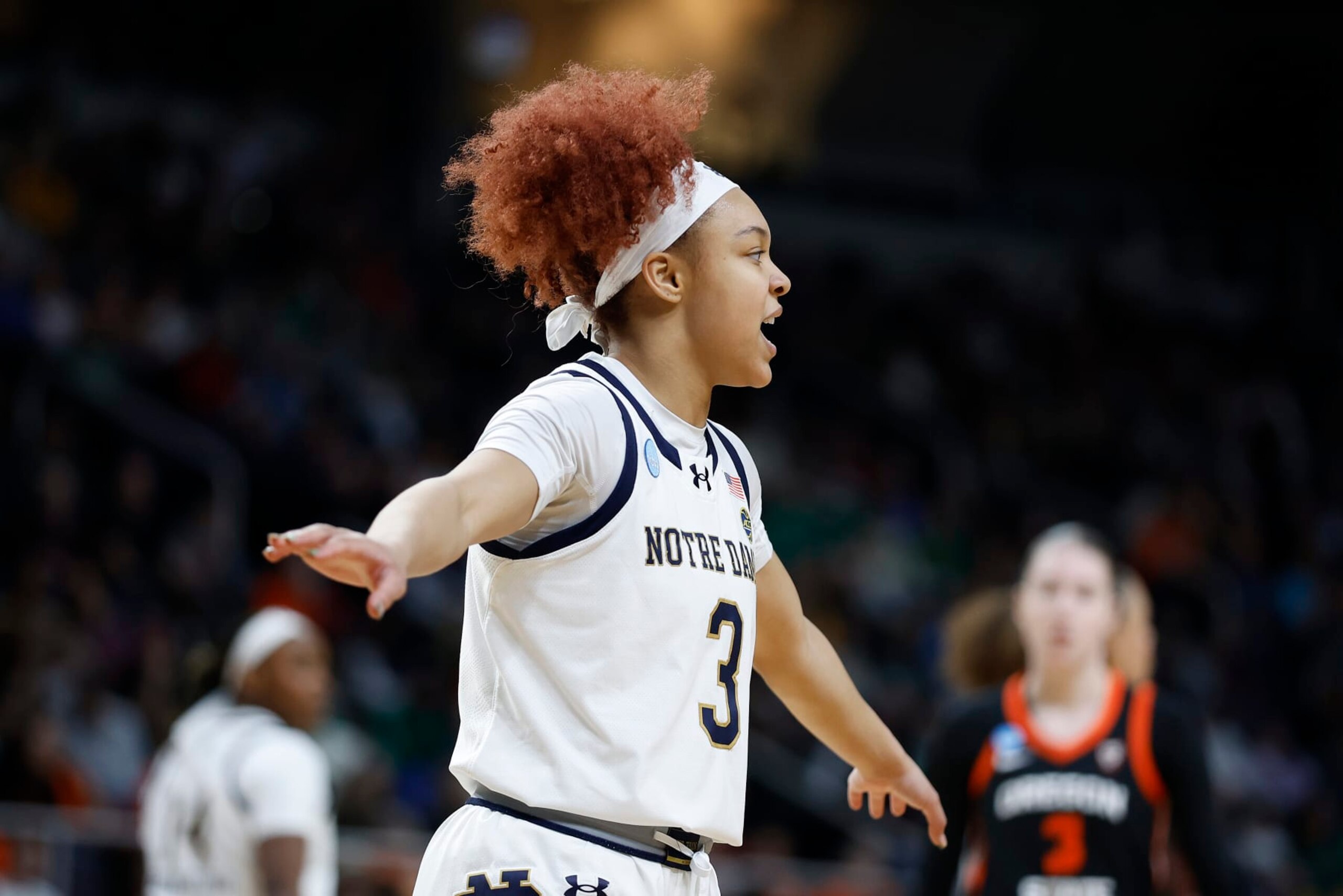 ALBANY, NEW YORK - MARCH 29: Hannah Hidalgo #3 of the Notre Dame Fighting Irish reacts in the first half against the Oregon State Beavers during the first half in the Sweet 16 round of the NCAA Women's Basketball Tournament at MVP Arena on March 29, 2024 in Albany, New York. (Photo by Sarah Stier/Getty Images)