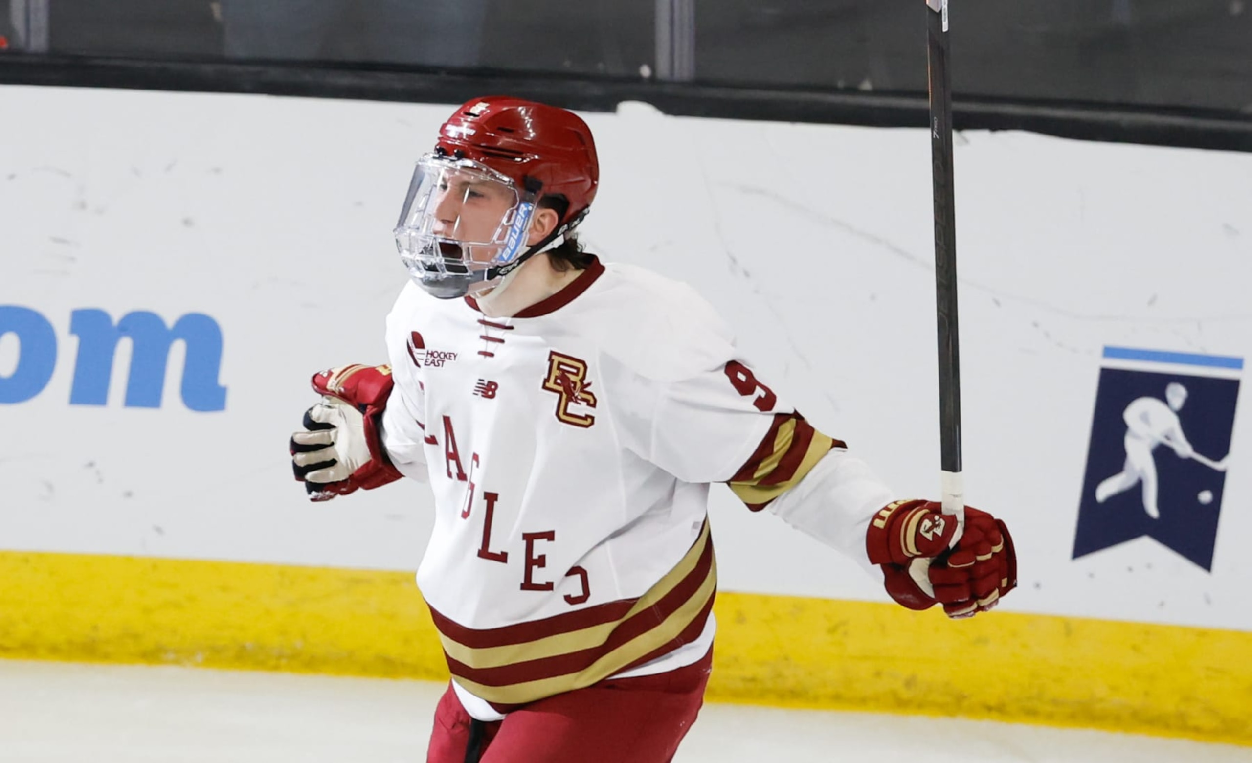 PROVIDENCE, RHODE ISLAND - MARCH 29: Ryan Leonard #9 of the Boston College Eagles celebrates his goal against the Michigan Tech Huskies during the second period during the NCAA Division I Men's Ice Hockey Regional Championship semifinal at the Amica Mutual Pavilion on March 29, 2024 in Providence, Rhode Island. (Photo by Richard T Gagnon/Getty Images)